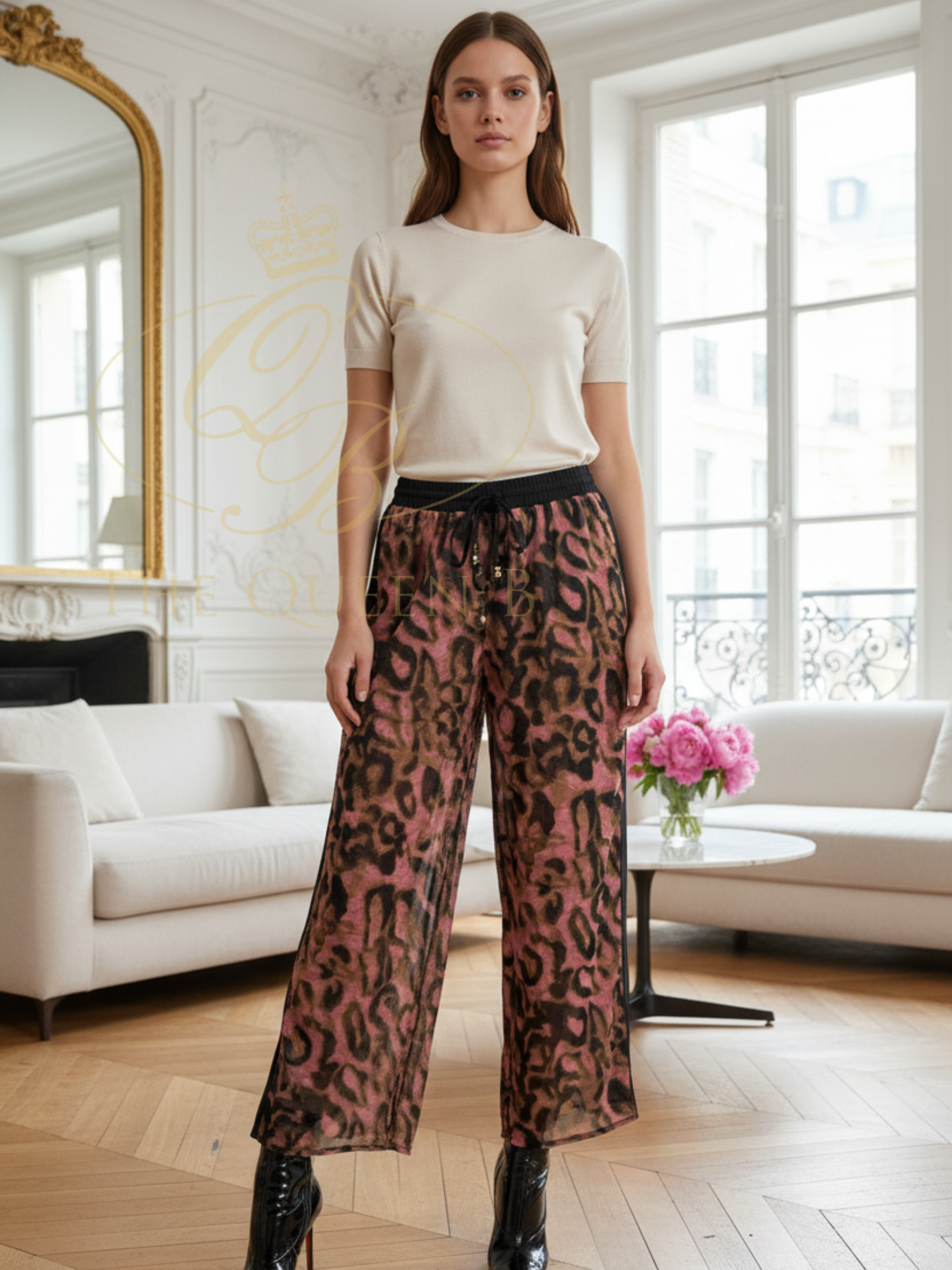 Malissa J WF2080B Woven Slit Trousers – wide-leg woven trousers with an elasticated drawstring waistband, contrast side panels and slit detail.