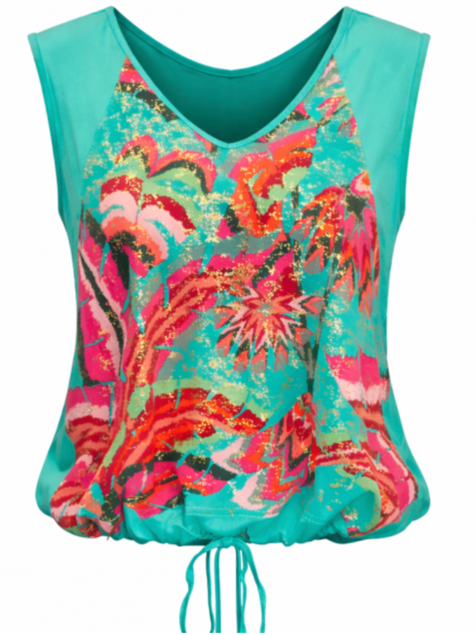 Malissa J WF2152 Satin Front Sleeveless Top with printed satin front, V-neckline and adjustable drawstring hem.