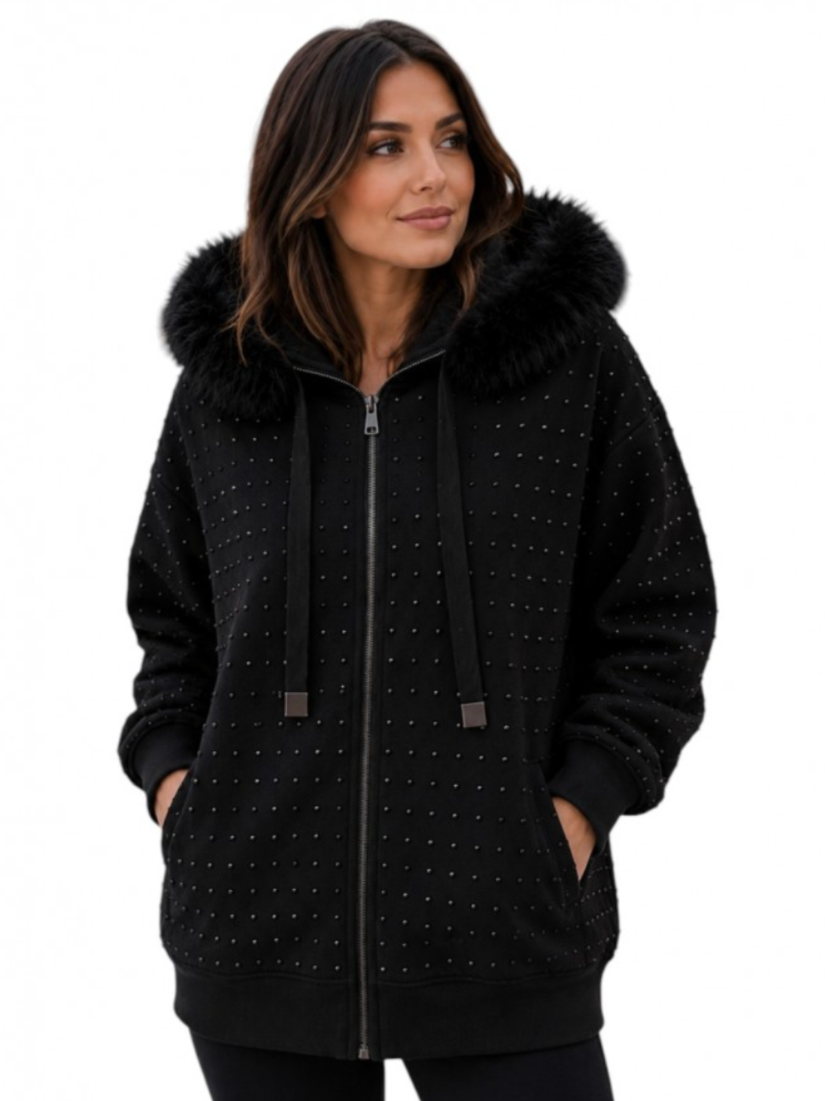 Malissa J WF2327C Studded Zip Up Knit Hoodie with faux fur-trimmed hood, stud detailing, zip front and ribbed trims.