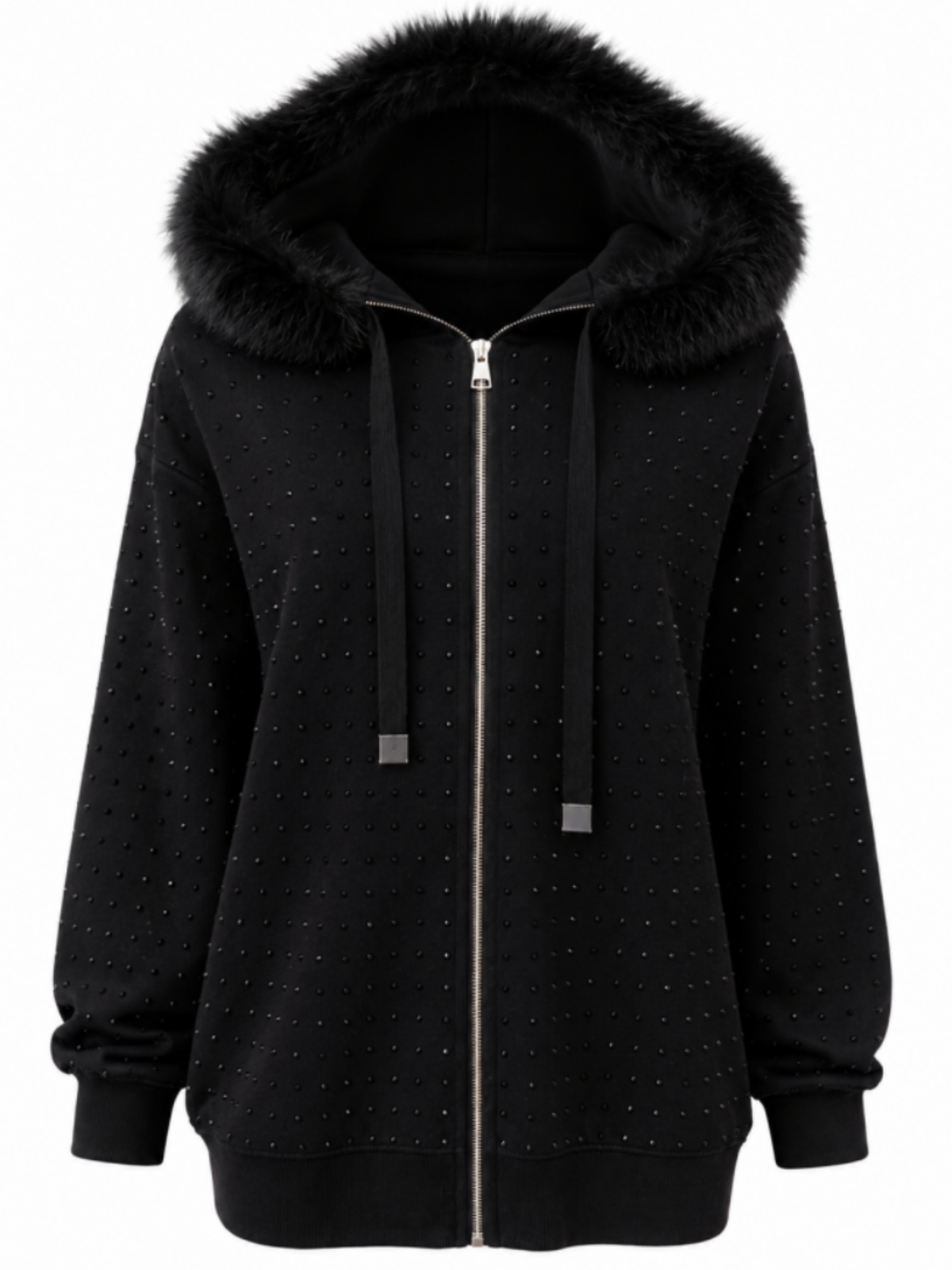 Malissa J WF2327C Studded Zip Up Knit Hoodie with faux fur-trimmed hood, stud detailing, zip front and ribbed trims.