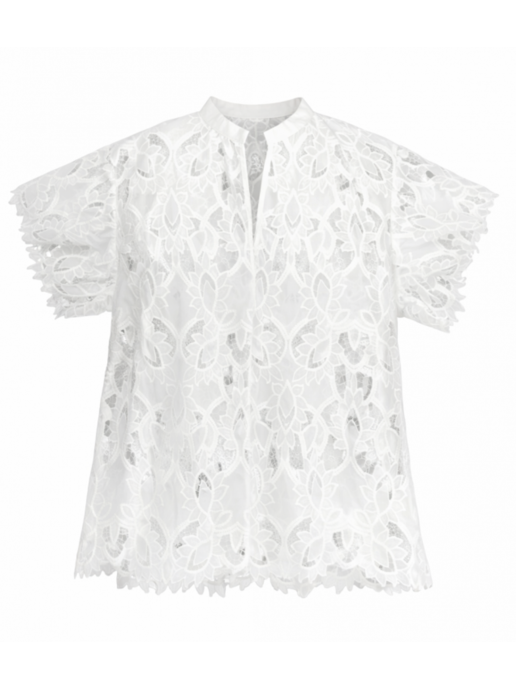 Malissa J WF2374 Open Broderie Anglais Top in white with intricate cutwork detail, flutter sleeves and scalloped hem.