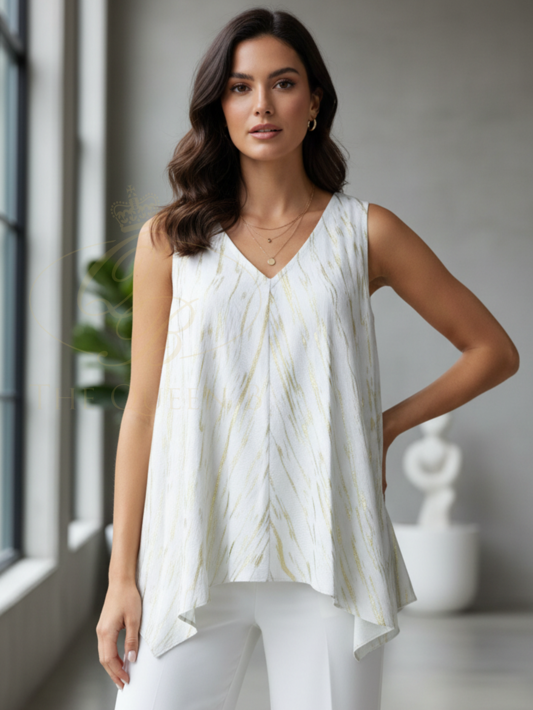 Malissa J WF2477 Drapey Woven V-Neck Sleeveless Top with fluid drape, asymmetric hem and relaxed silhouette.