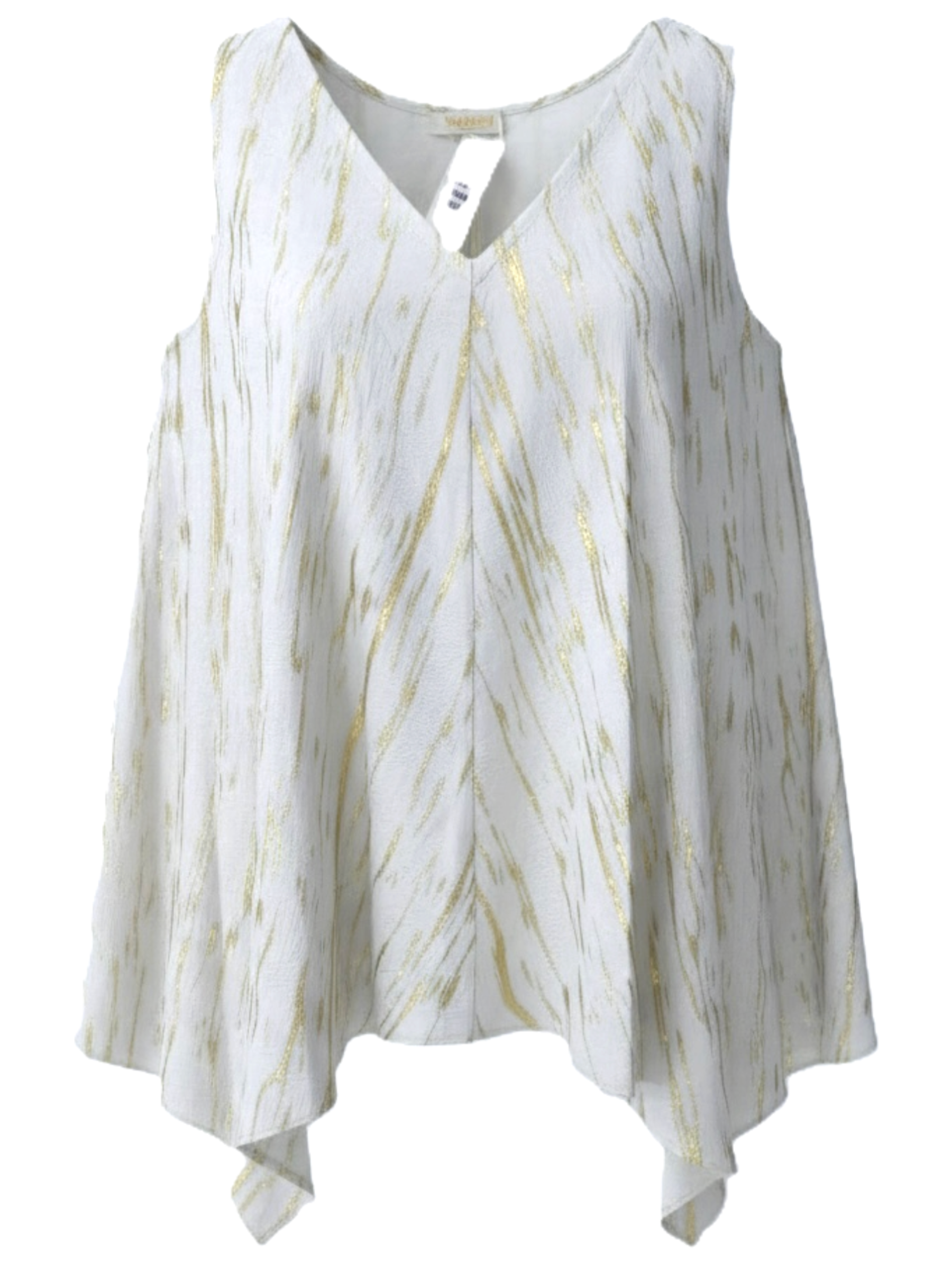 Malissa J WF2477 Drapey Woven V-Neck Sleeveless Top with fluid drape, asymmetric hem and relaxed silhouette.