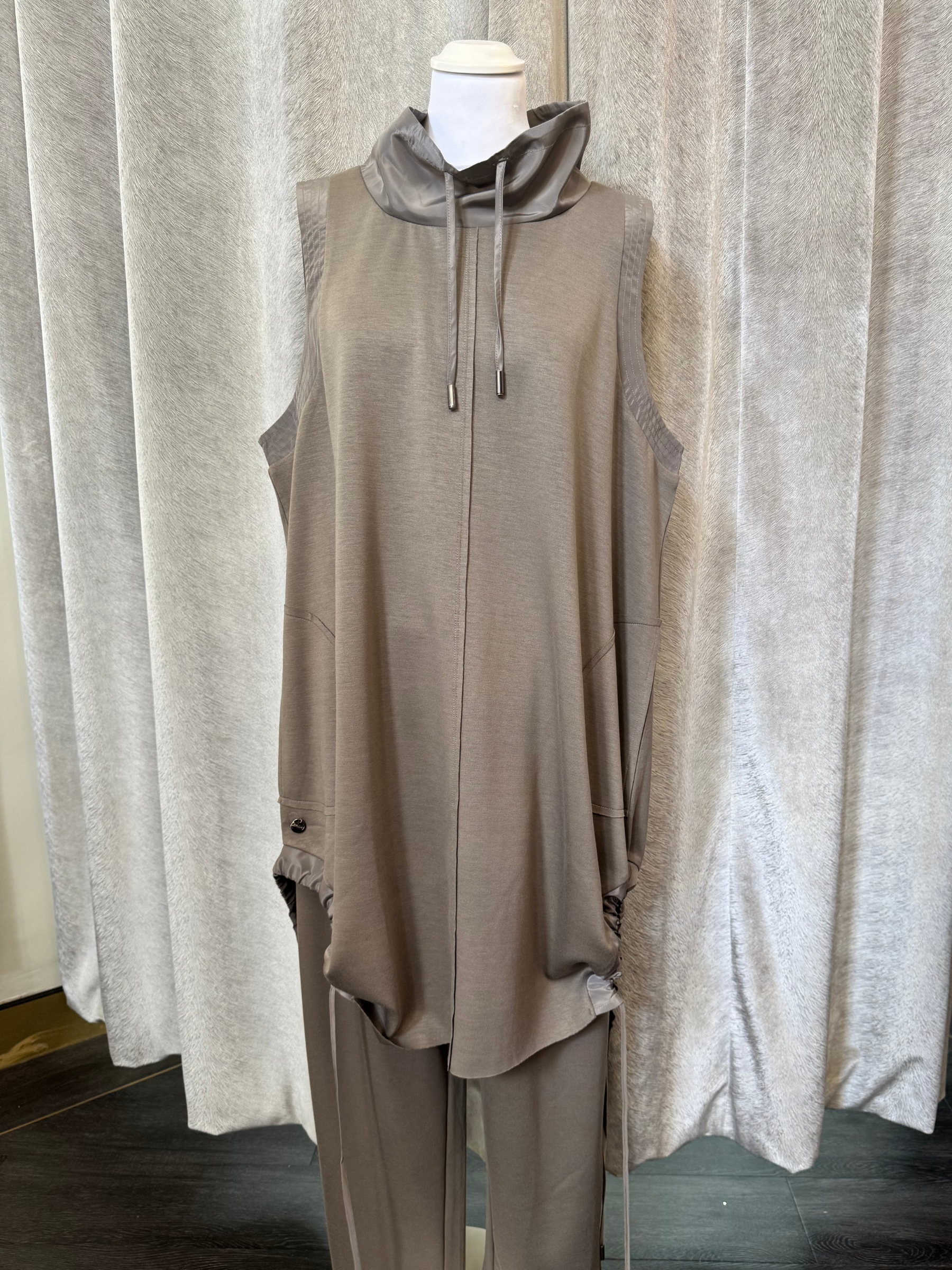 Malissa J WF2515 mushroom sleeveless top - women’s drawstring high neck asymmetric hem top, chic smart casual fashion piece.