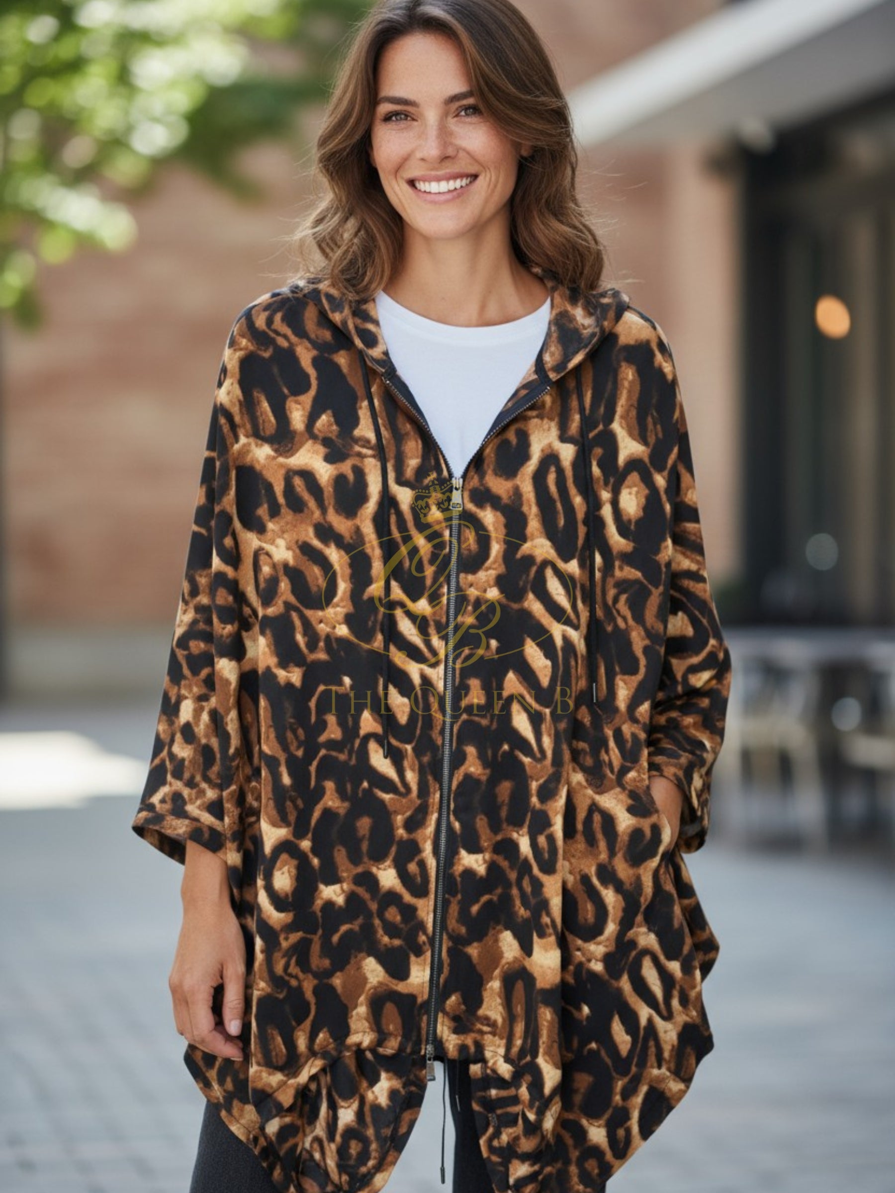 Malissa J WF2524 Leopard Print Zip Up Jacket – women’s brown and black animal print zip-front jacket with hood, asymmetrical hemline and drawstring detail, stylish outerwear