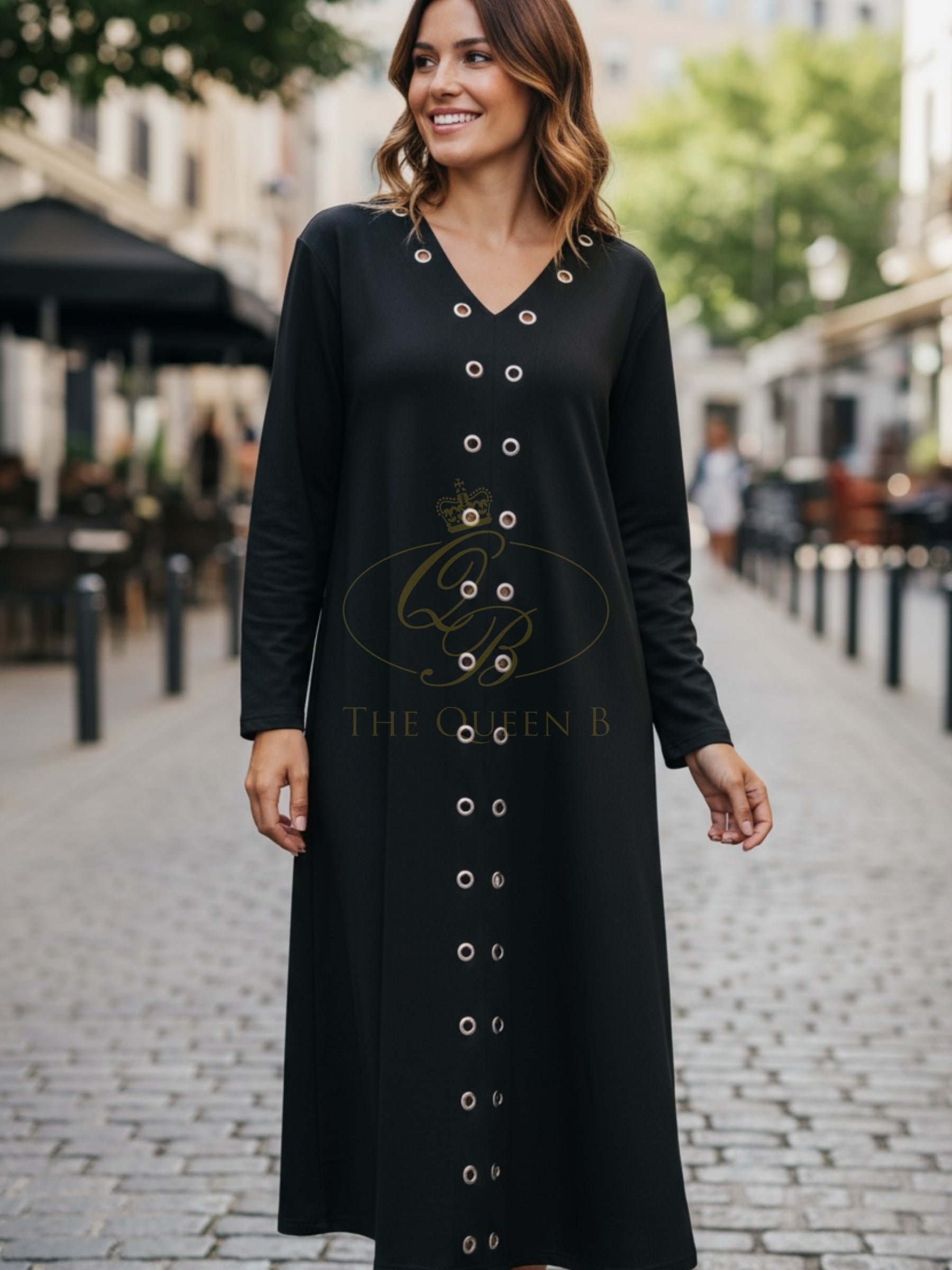 Malissa J WF2549 black V-neck long-sleeve dress with eyelet front-women’s jersey midi dress for day-to-night outfits.