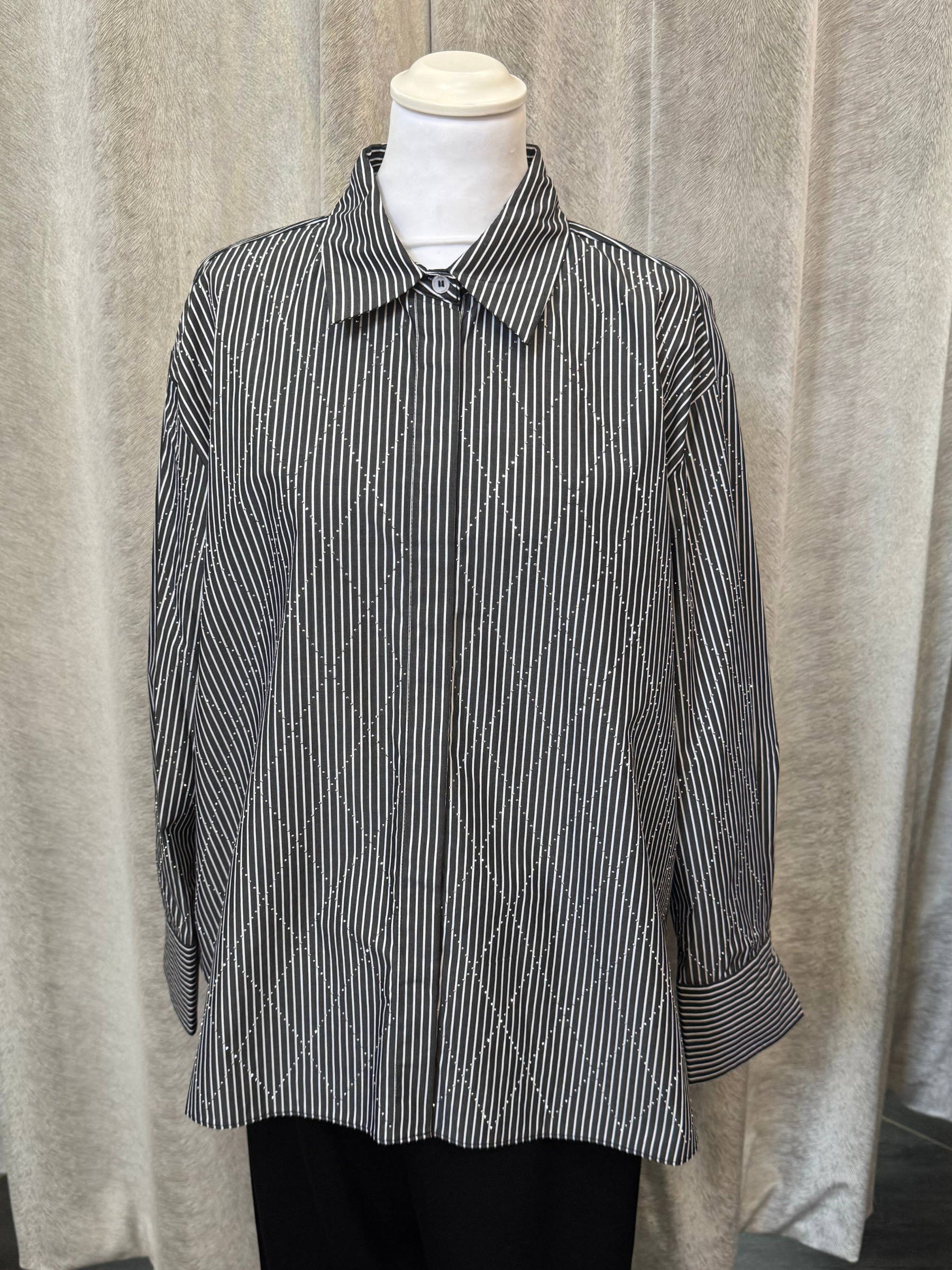 Malissa J WF2557 black and white woven shirt with stripe and diamond pattern-women’s long-sleeve collared shirt for smart-casual and office wear.