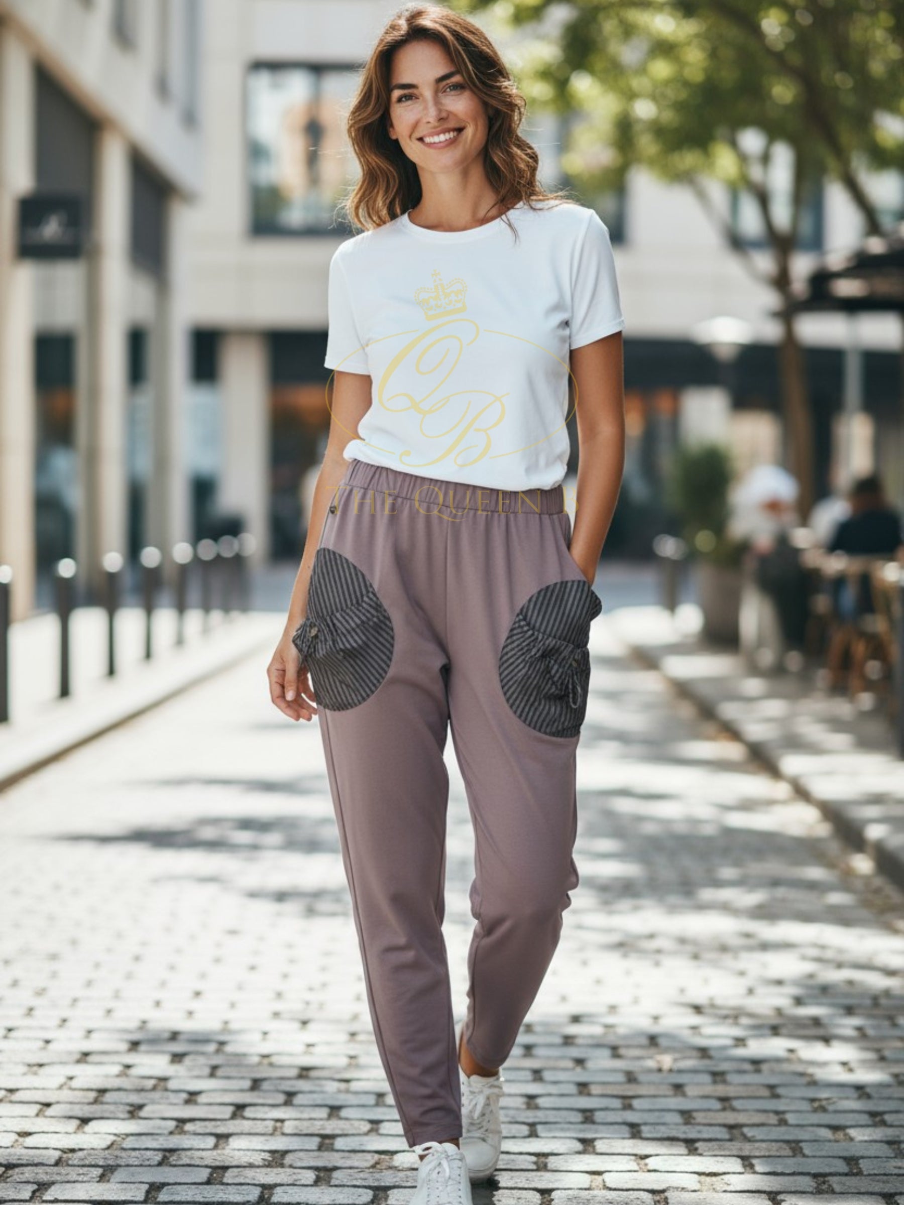 Malissa J WF2560 Mushroom Elasticated Waist Trousers for women - straight-leg co-ord pants with striped pocket detail, casual and smart-casual wardrobe essential