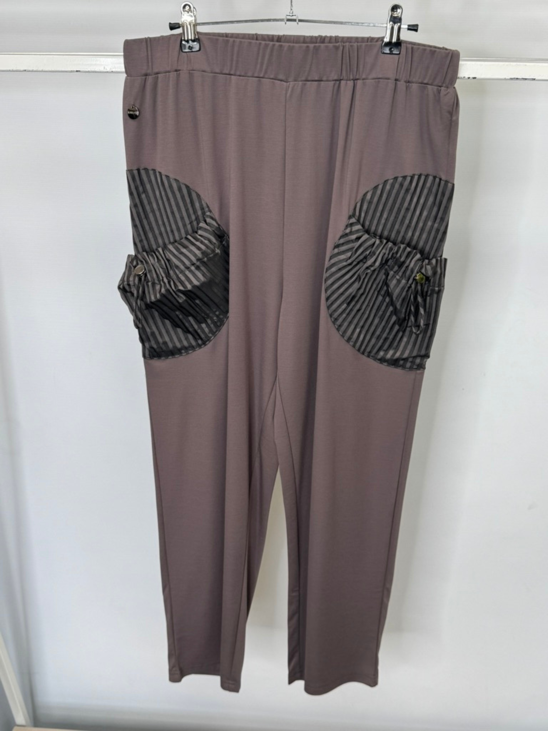 Malissa J WF2560 Mushroom Elasticated Waist Trousers for women - straight-leg co-ord pants with striped pocket detail, casual and smart-casual wardrobe essential