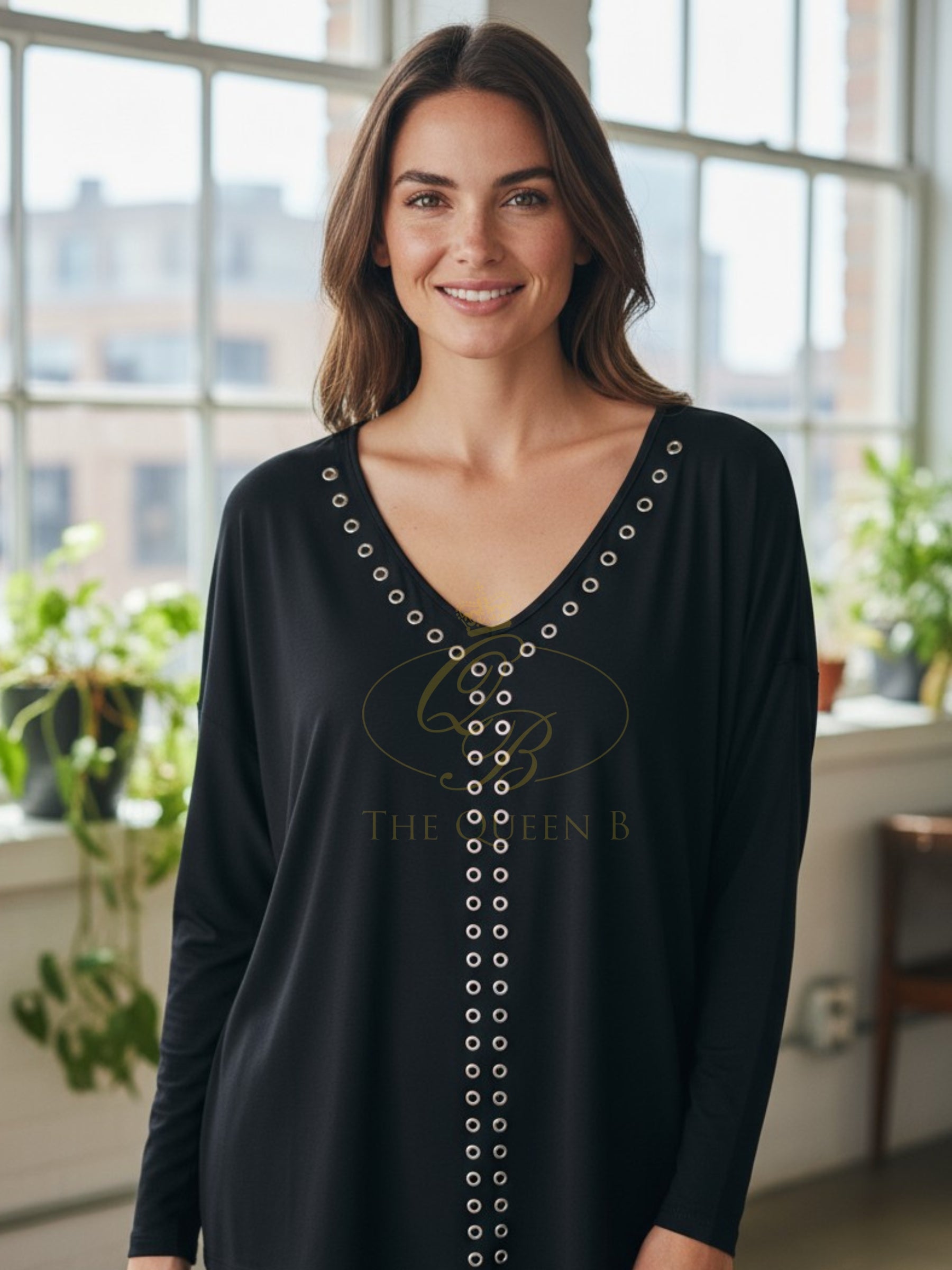 Malissa J black long sleeve V-neck top with silver stud eyelet detail - women’s chic evening blouse, versatile smart-casual fashion top.