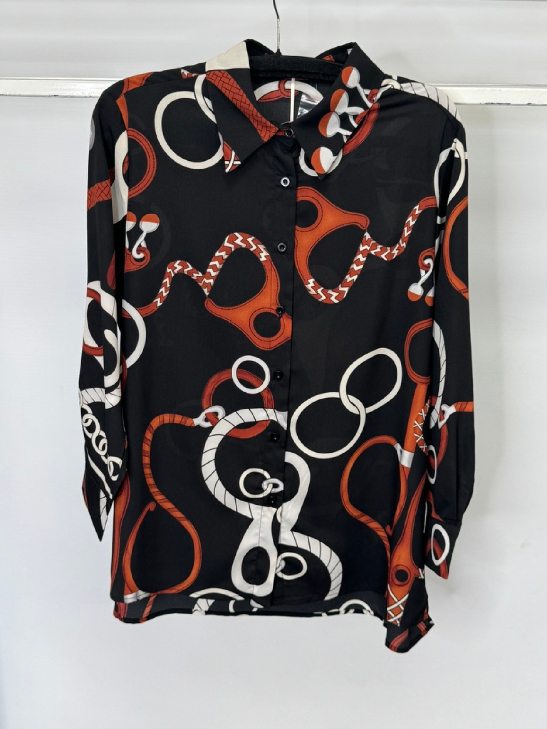 “Malissa J WF2571 chain print chiffon shirt - women’s lightweight semi-sheer blouse in black, white and rust with button-down front and classic collar.