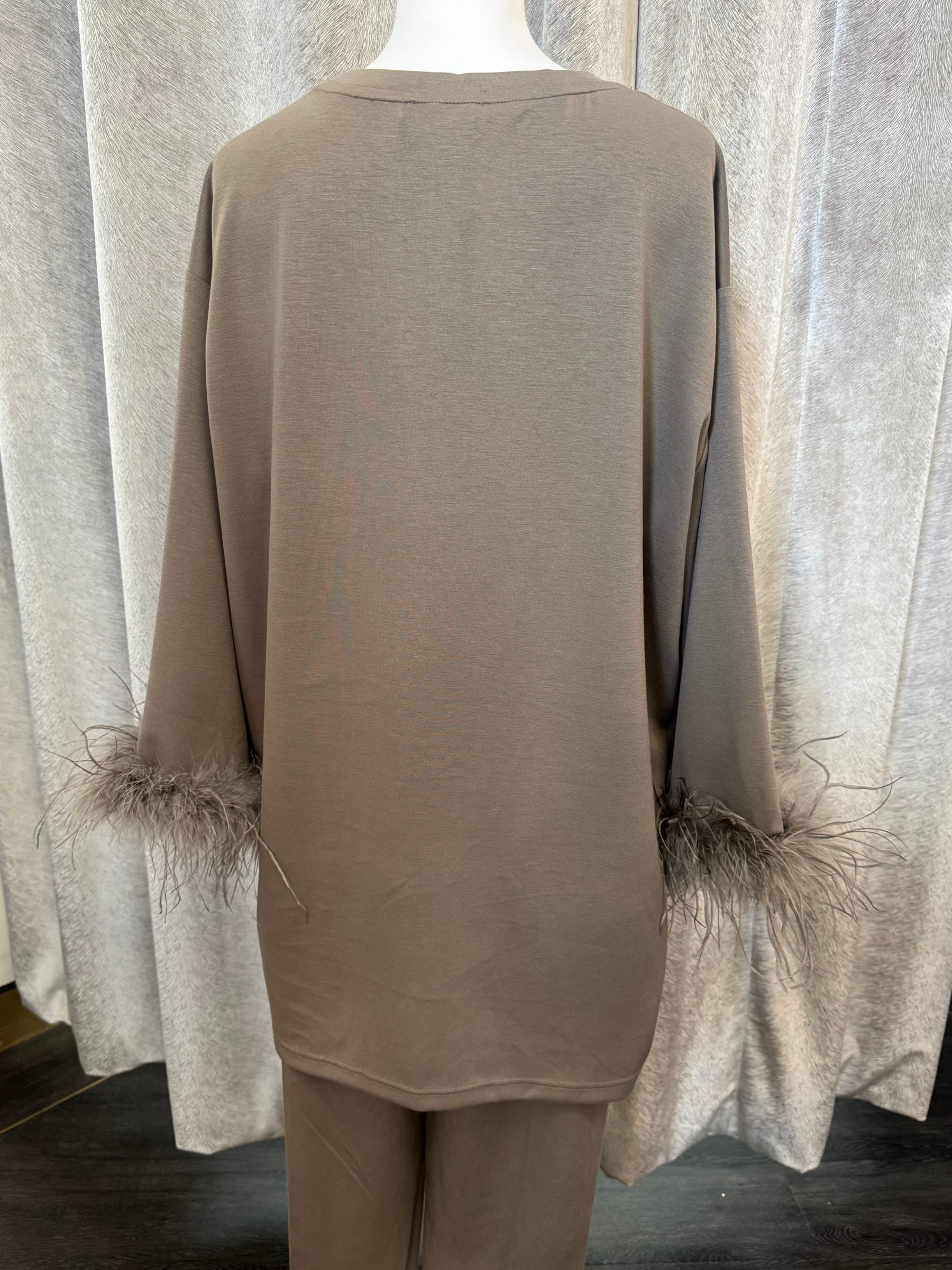 Malissa J WF2595 mushroom top with feather-trim sleeves and studded detailing-women’s embellished evening top for parties and special occasions