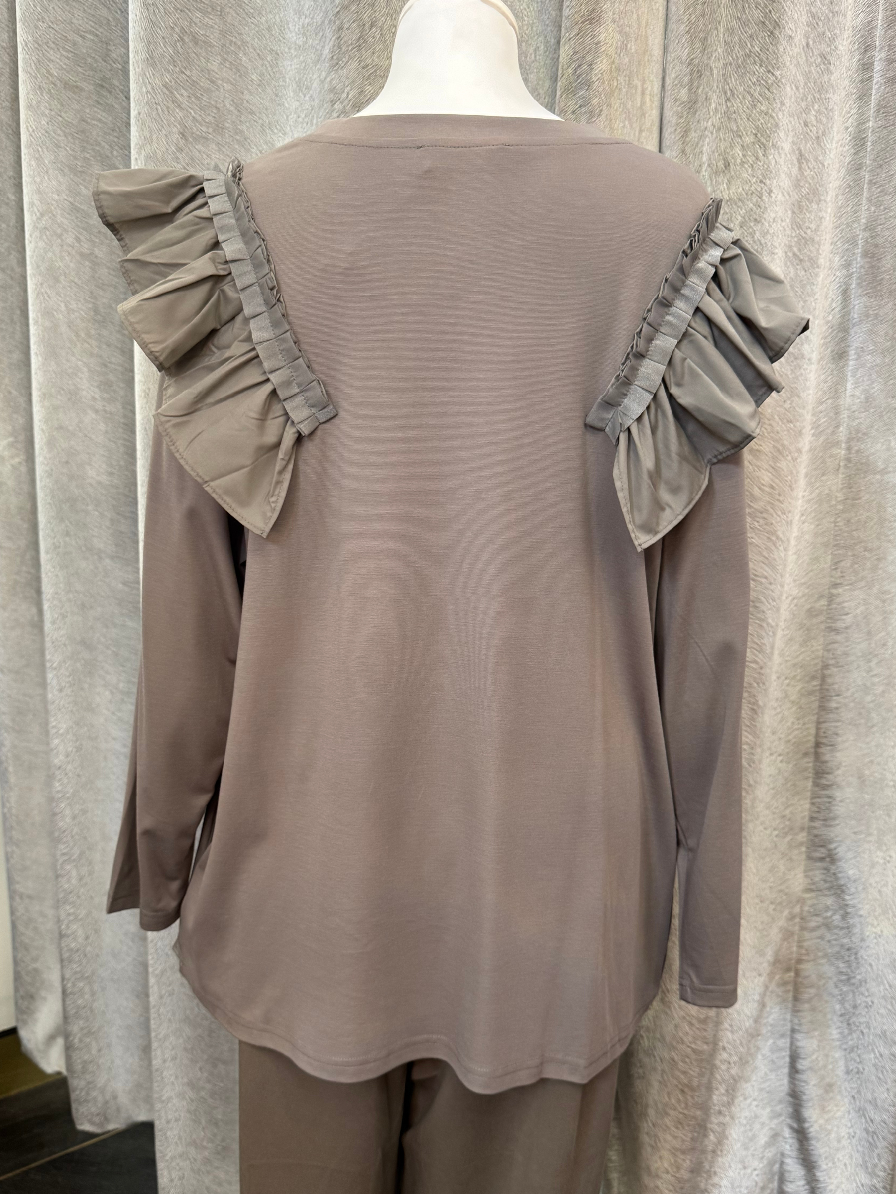 Malissa J WF2598 mushroom top with ruffle shoulder detail and ribbon trims-women’s elegant long-sleeve blouse for day-to-night outfits