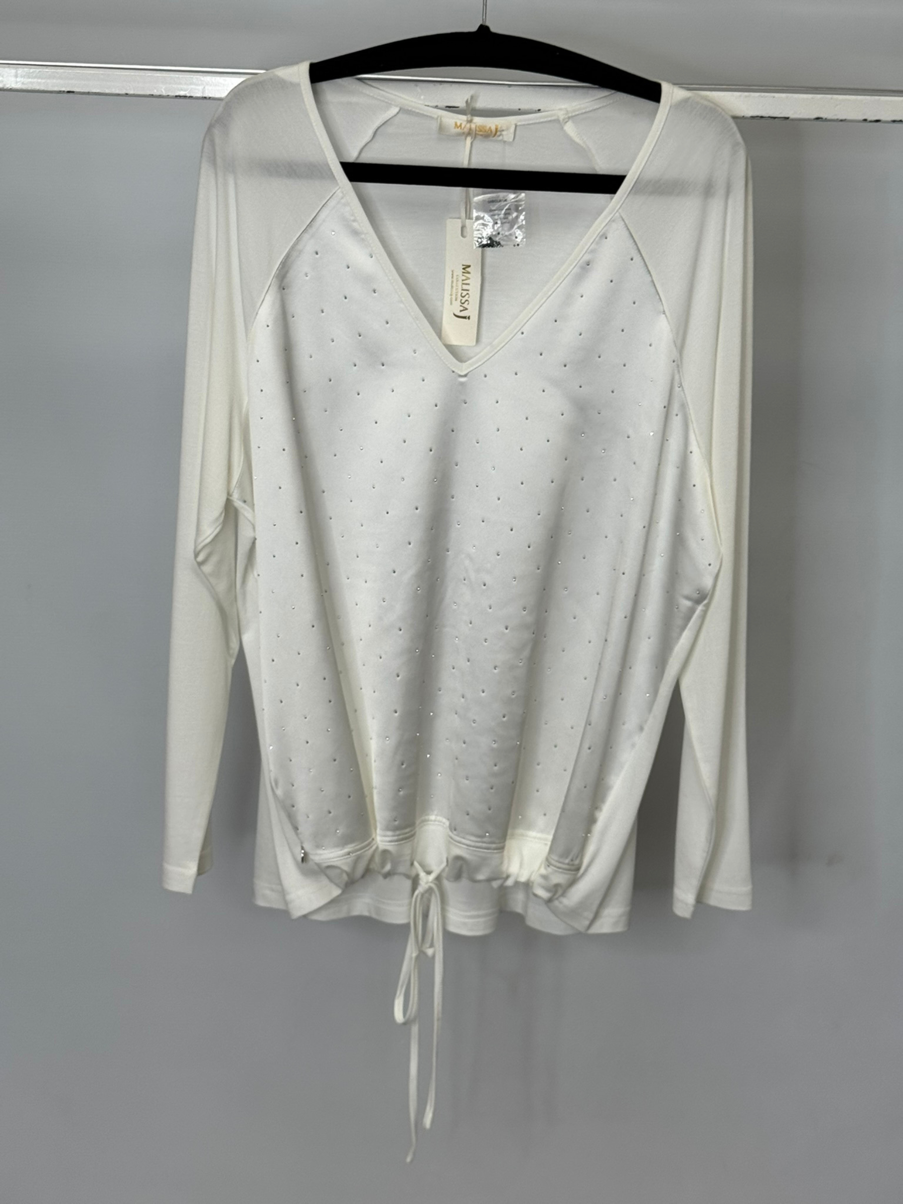 Malissa J white silver studded V-neck top for women – long sleeve sparkle blouse with drawstring hem, versatile day-to-night fashion top