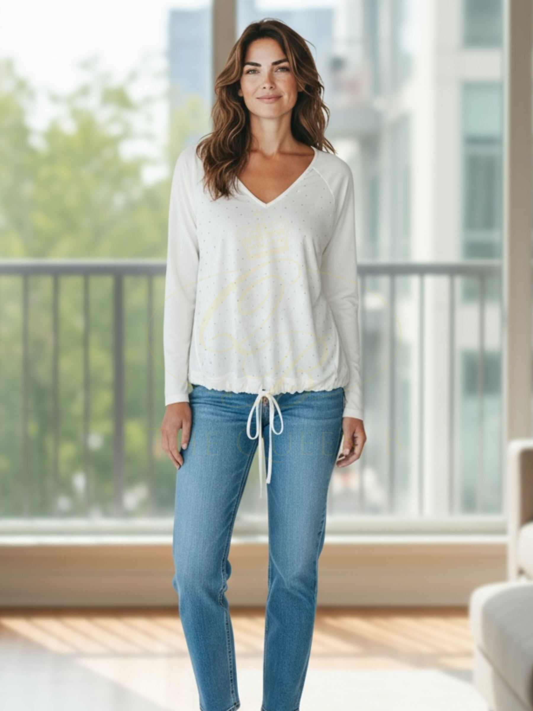 Malissa J white silver studded V-neck top for women – long sleeve sparkle blouse with drawstring hem, versatile day-to-night fashion top