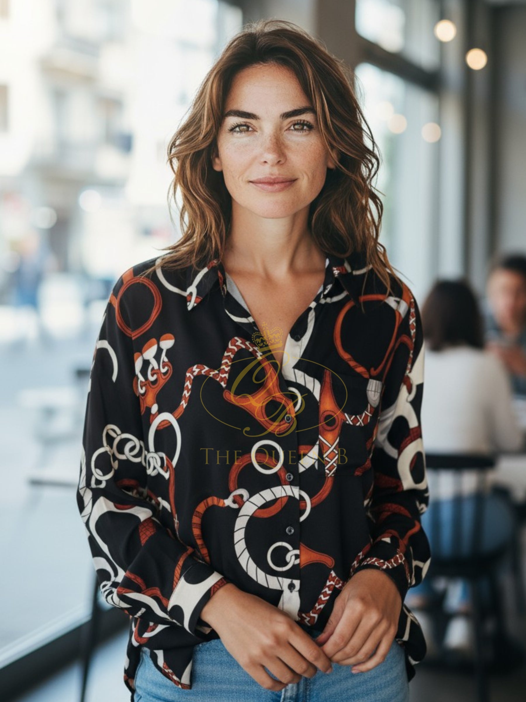 Malissa J WF2612 chain woven shirt – women’s black rust white chain print button-down longline blouse with asymmetric hemline, chic fashion-forward shirt.