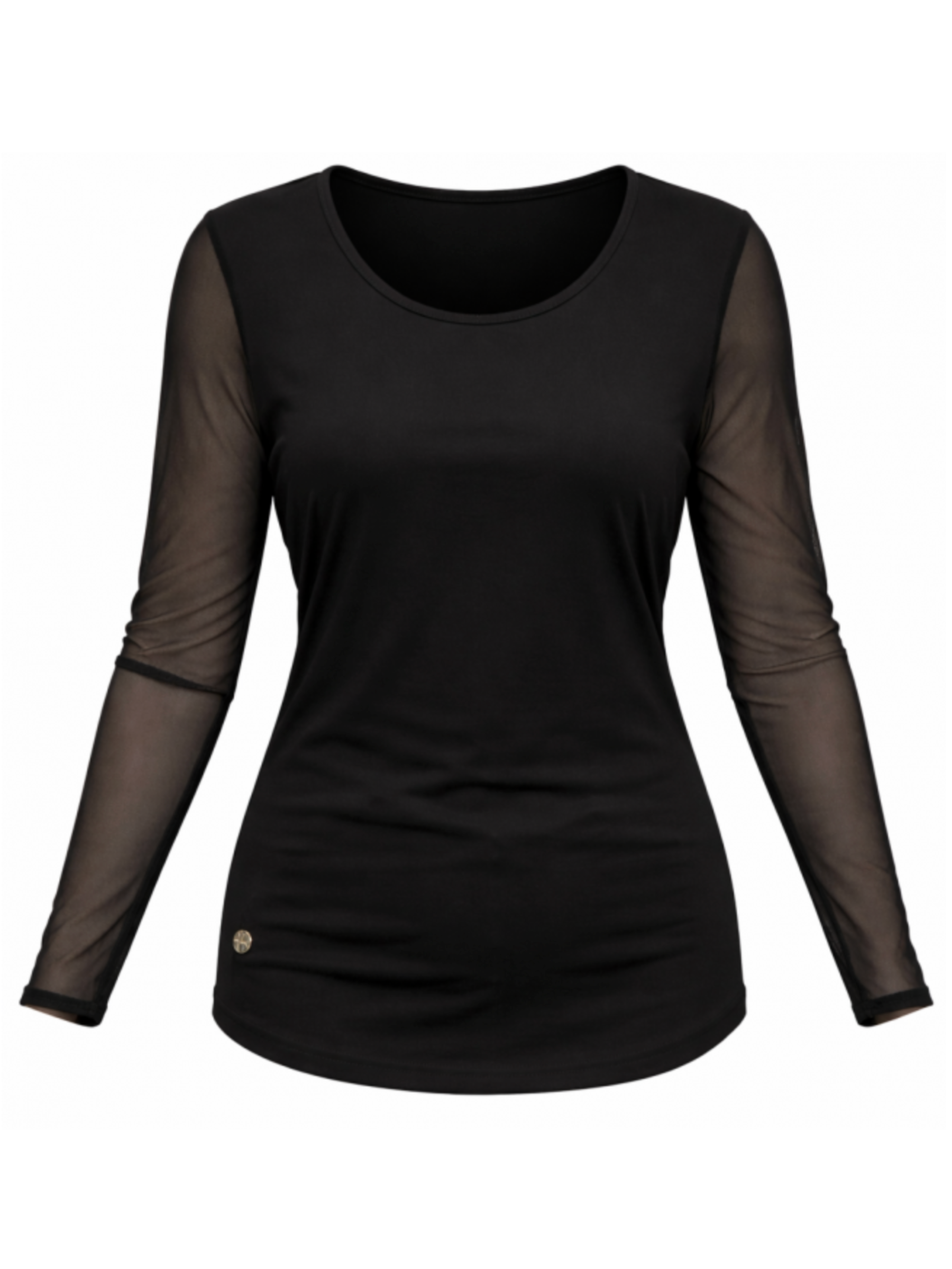 Malissa J WF2621A Mesh Sleeve Jersey Top with round neckline, fitted silhouette and sheer mesh long sleeves.