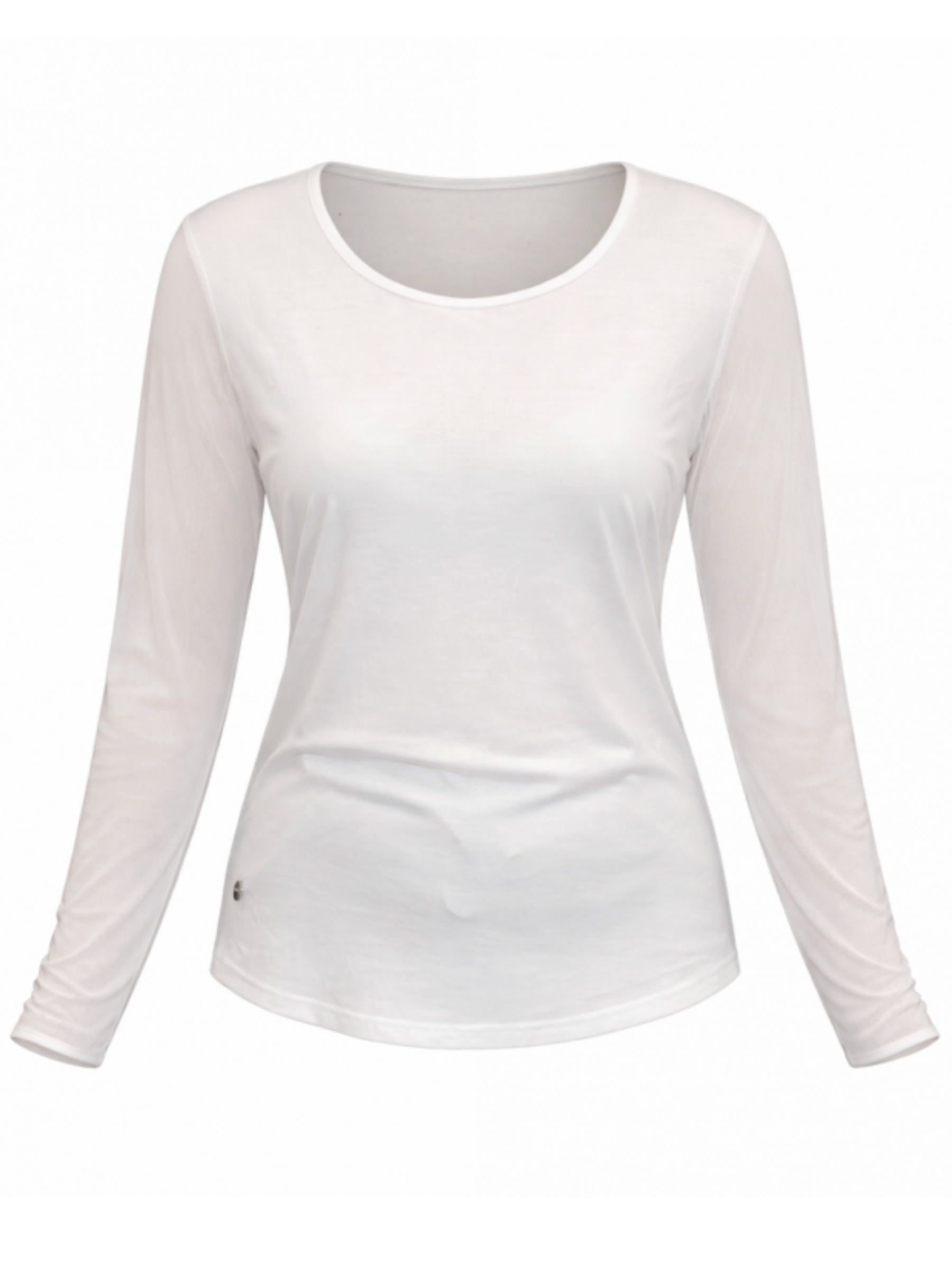 Malissa J WF2621A Mesh Sleeve Jersey Top with round neckline, fitted silhouette and sheer mesh long sleeves.
