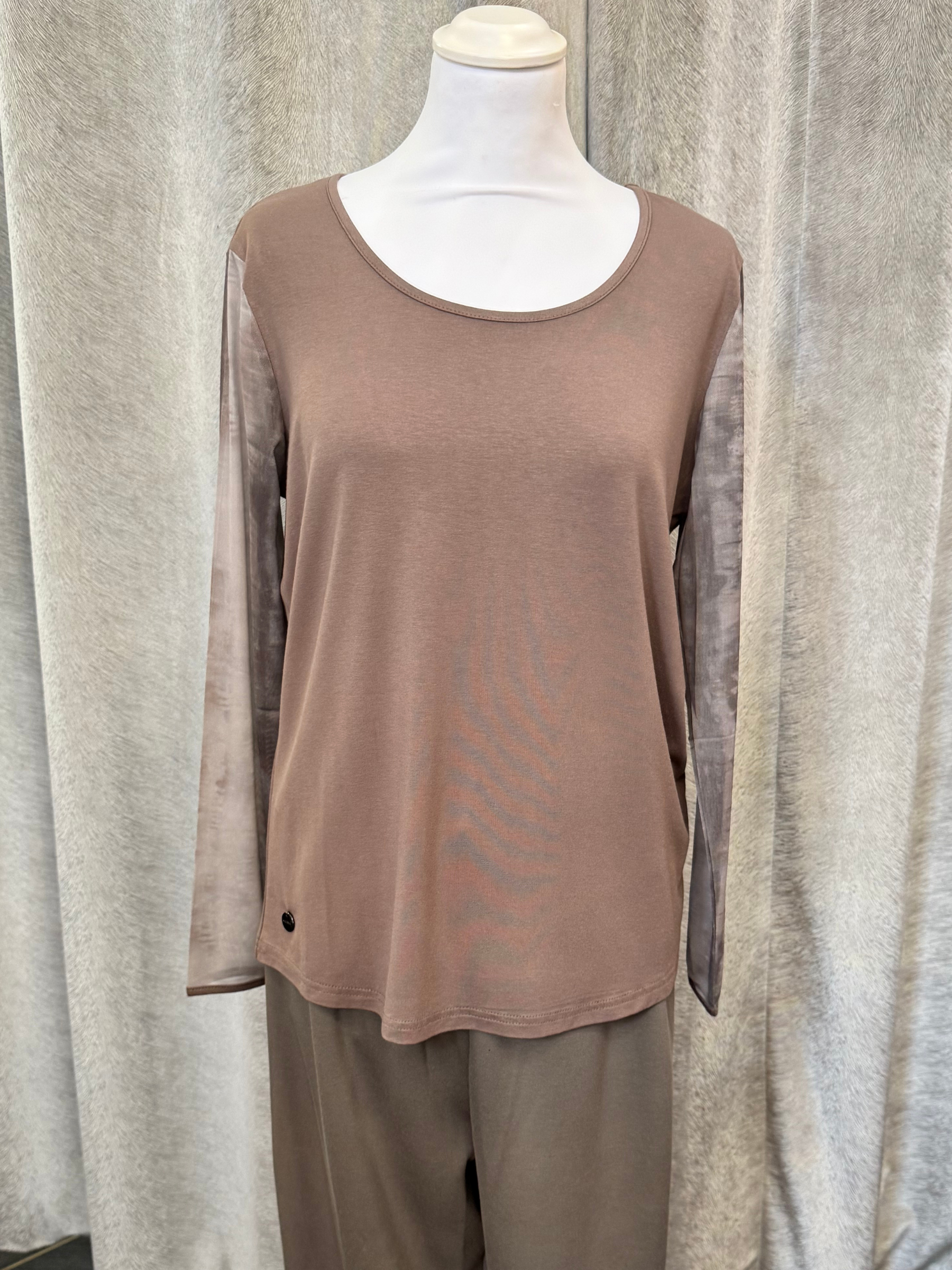 Malissa J WF2621 mushroom mesh sleeve top with abstract detail-women’s round neck top for versatile day-to-night outfits