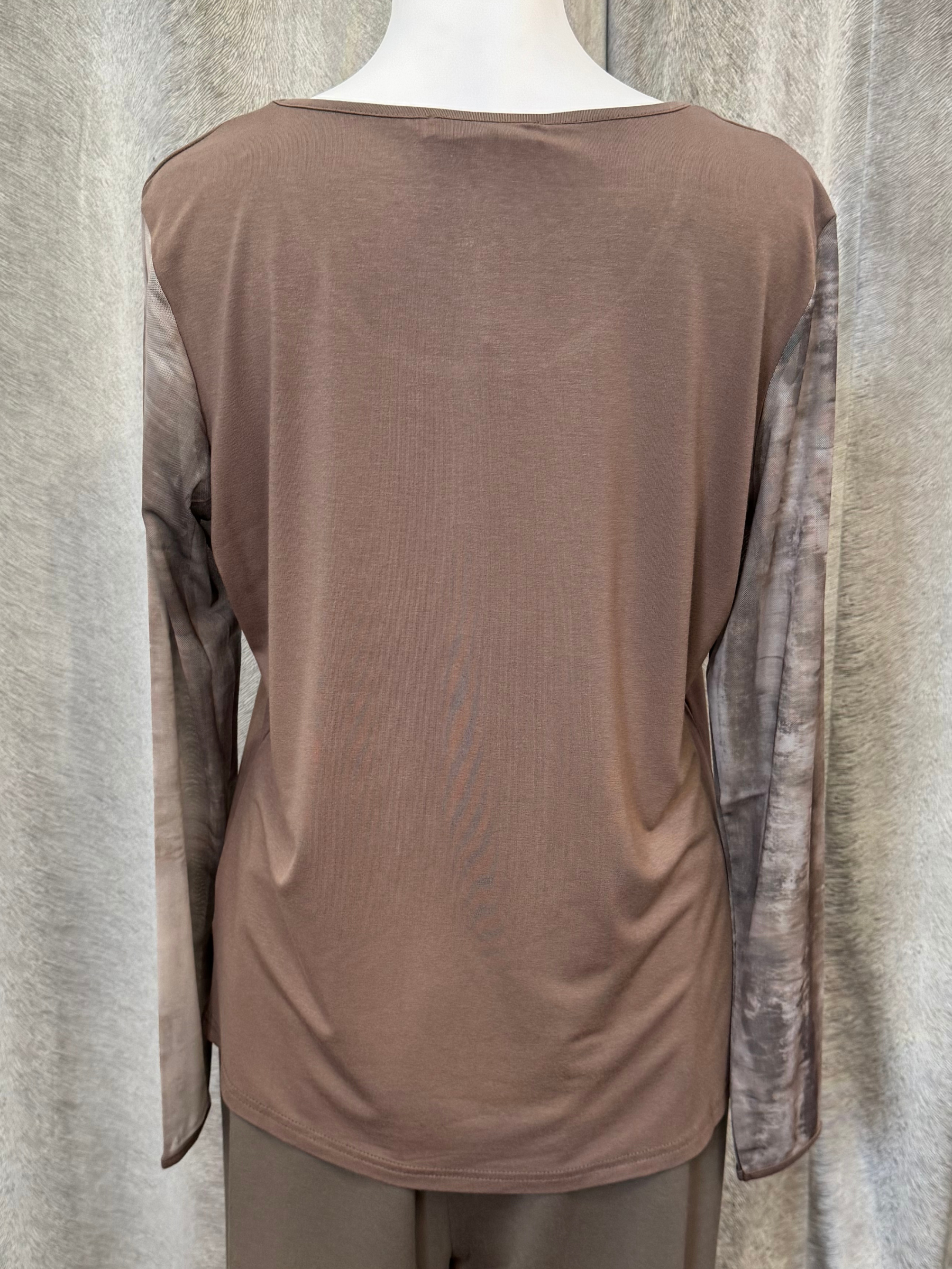 Malissa J WF2621 mushroom mesh sleeve top with abstract detail-women’s round neck top for versatile day-to-night outfits