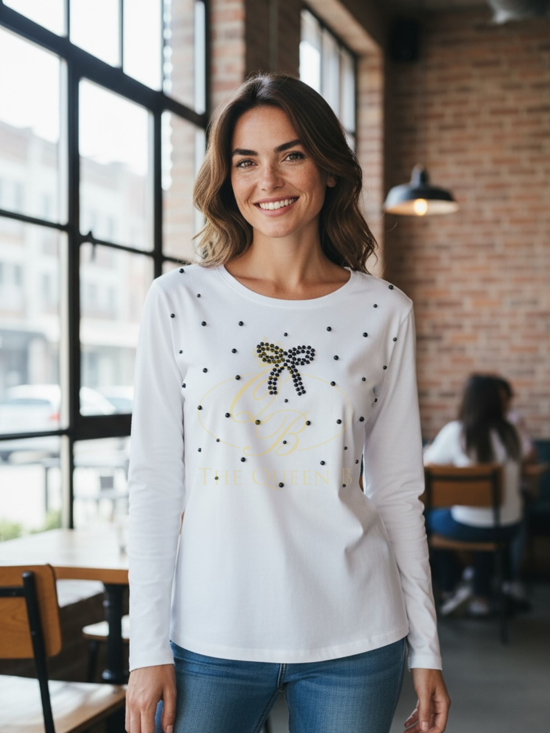 Malissa J white bow design top - women’s long sleeve round neck studded blouse with bow detail, versatile day-to-night fashion piece