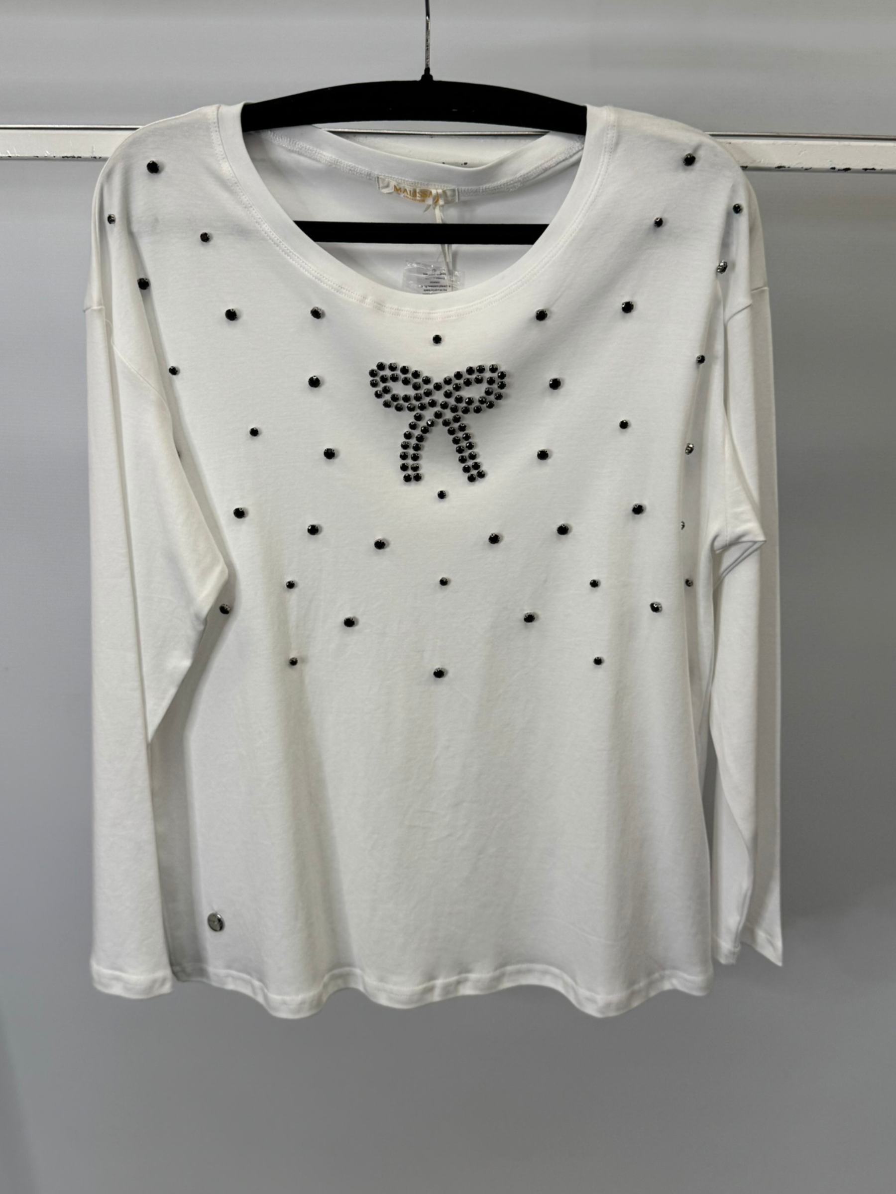 Malissa J white bow design top - women’s long sleeve round neck studded blouse with bow detail, versatile day-to-night fashion piece