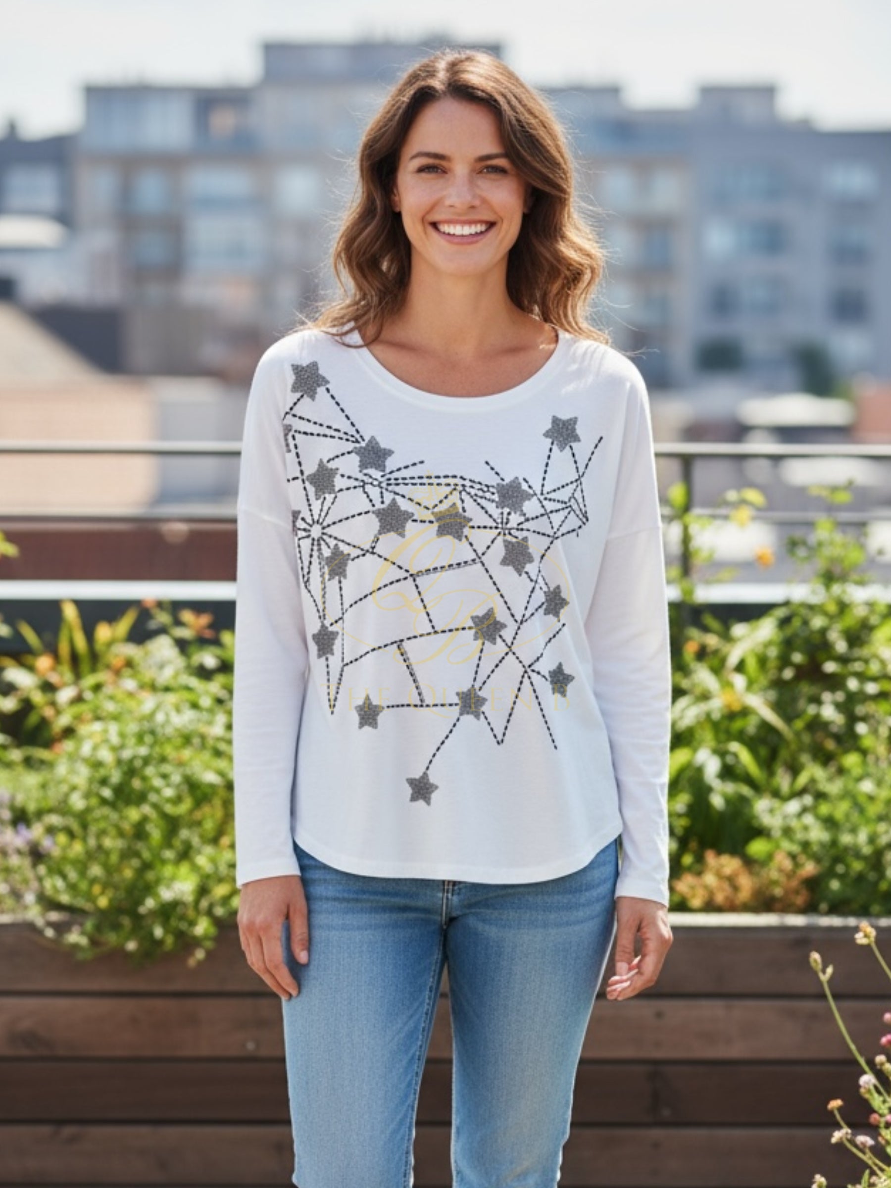 Malissa J WF2651 white star pattern women’s top – long sleeve celestial print blouse, casual and smart-casual versatile top.