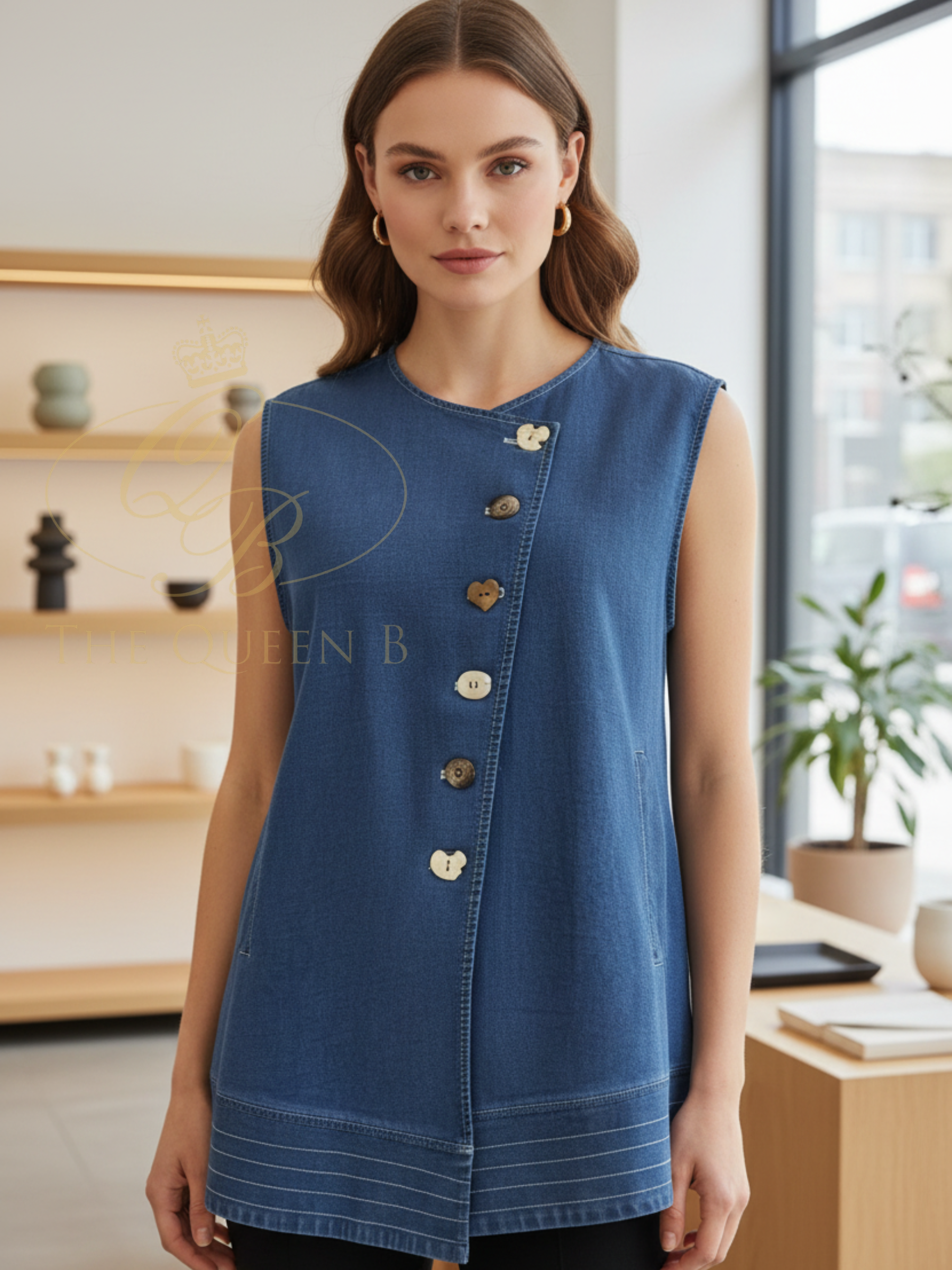 Malissa J WF2665 Denim Tabard Waistcoat in soft denim with asymmetric button front and sleeveless tabard silhouette.