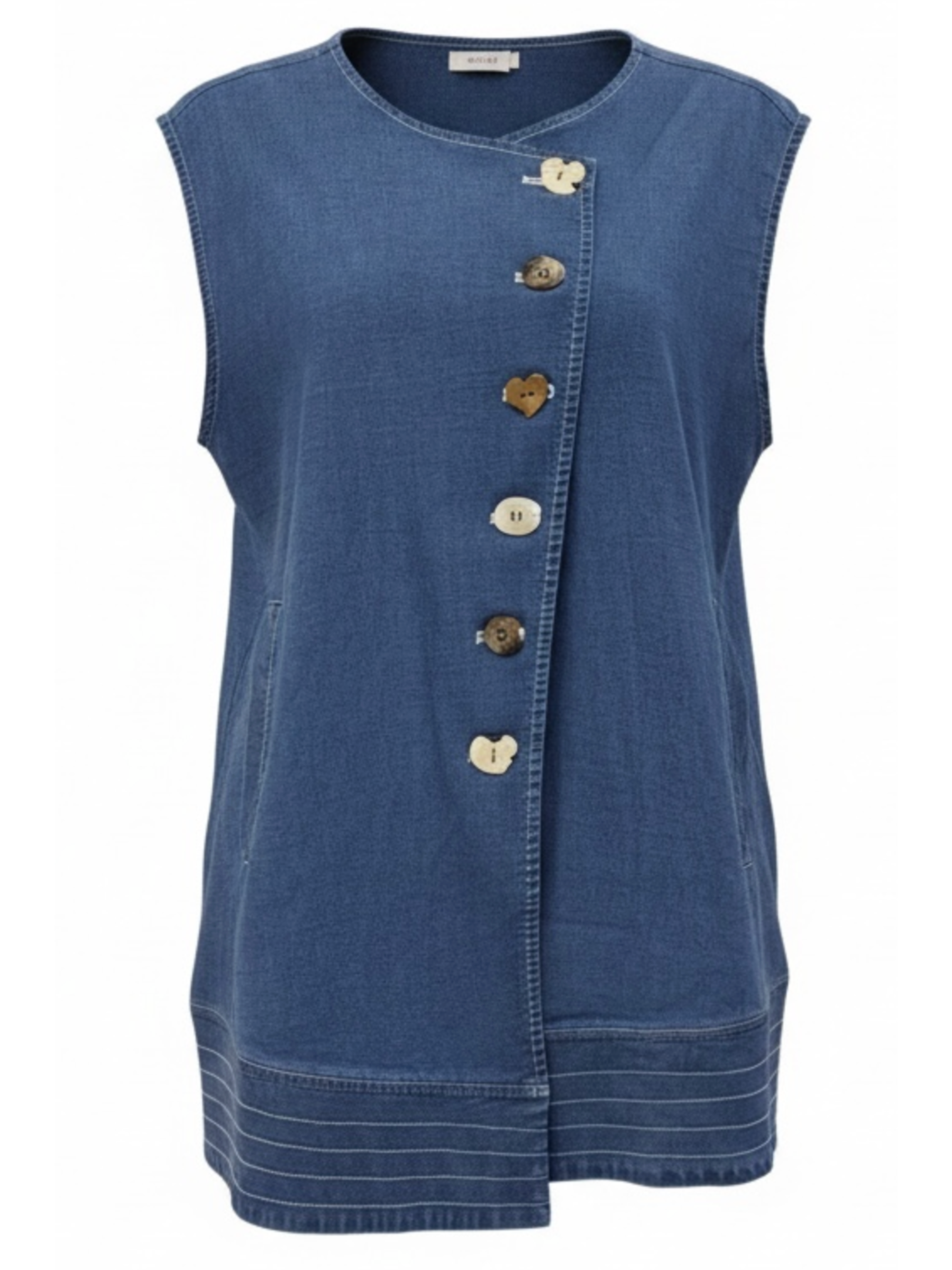 Malissa J WF2665 Denim Tabard Waistcoat in soft denim with asymmetric button front and sleeveless tabard silhouette.