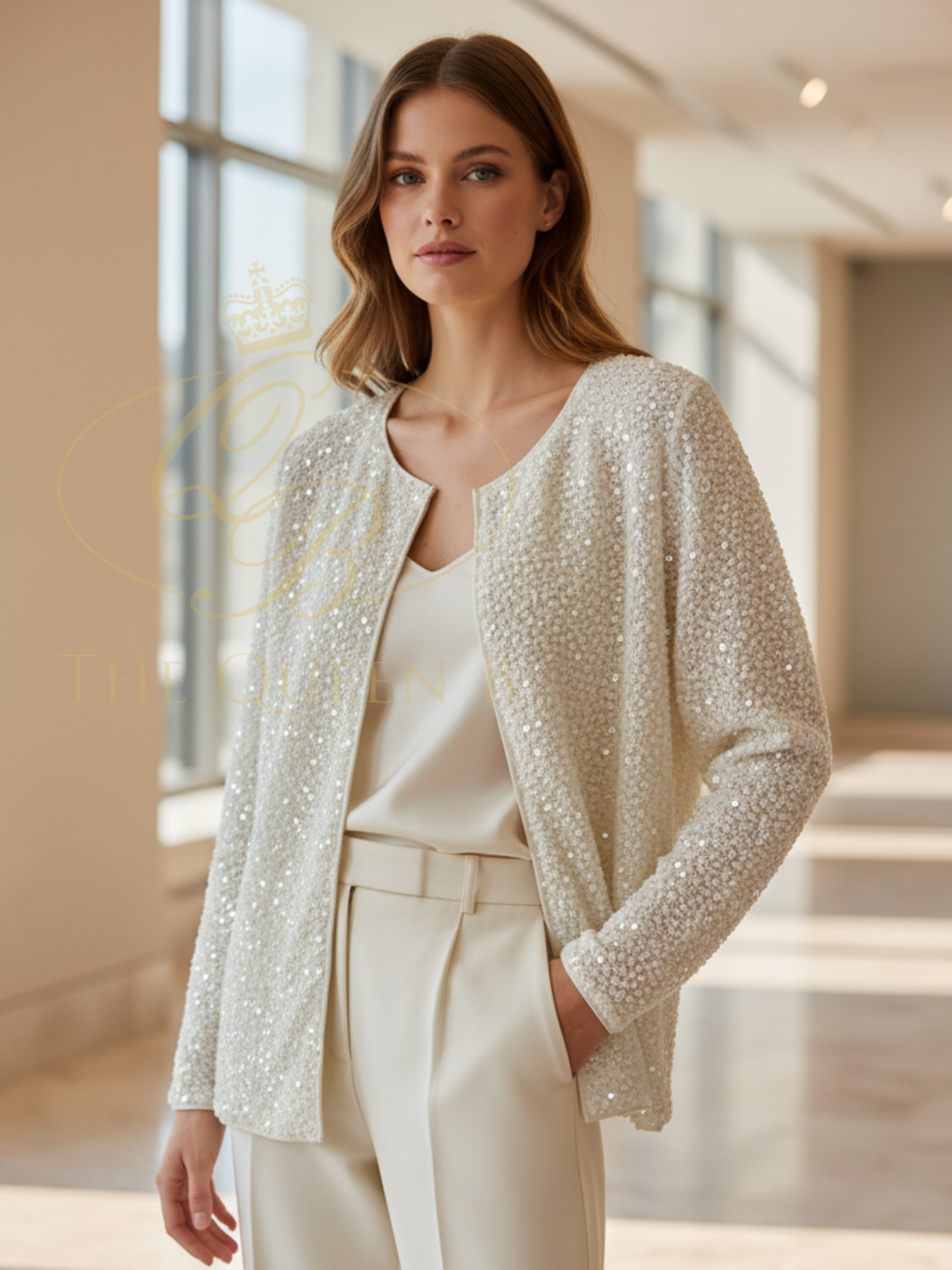 Malissa J WF2676 Sequin Lined Cardigan with collarless open-front design and subtle all-over sequin detailing.