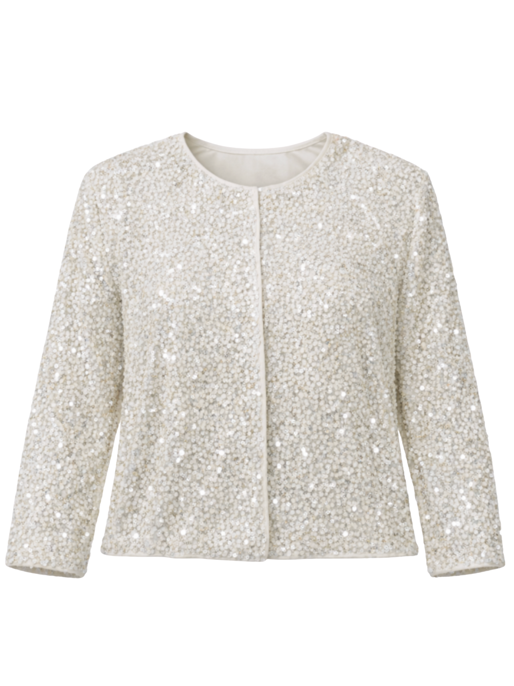 Malissa J WF2676 Sequin Lined Cardigan with collarless open-front design and subtle all-over sequin detailing.