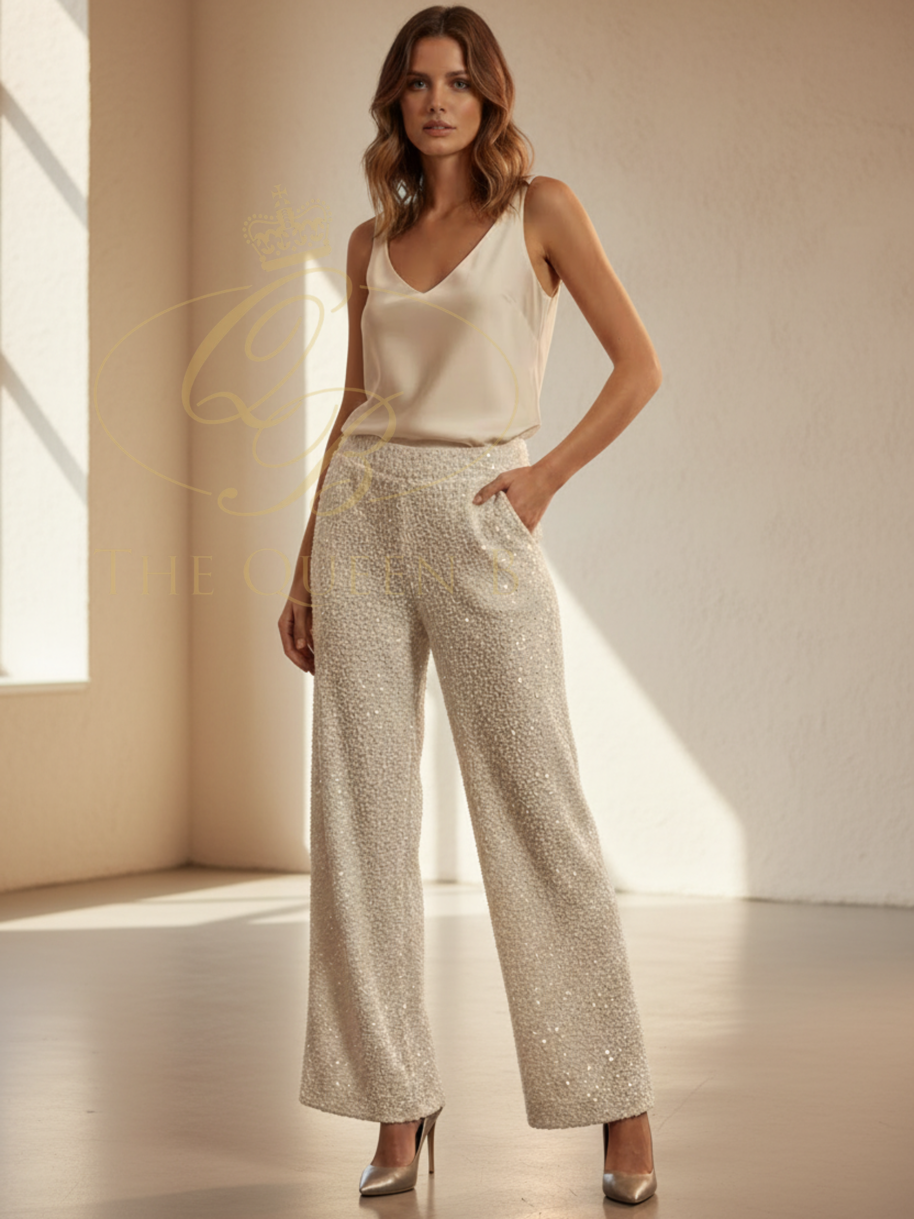 Malissa J WF2678 Elasticated Lined Sequin Trousers with all-over sequin embellishment and straight-leg silhouette.