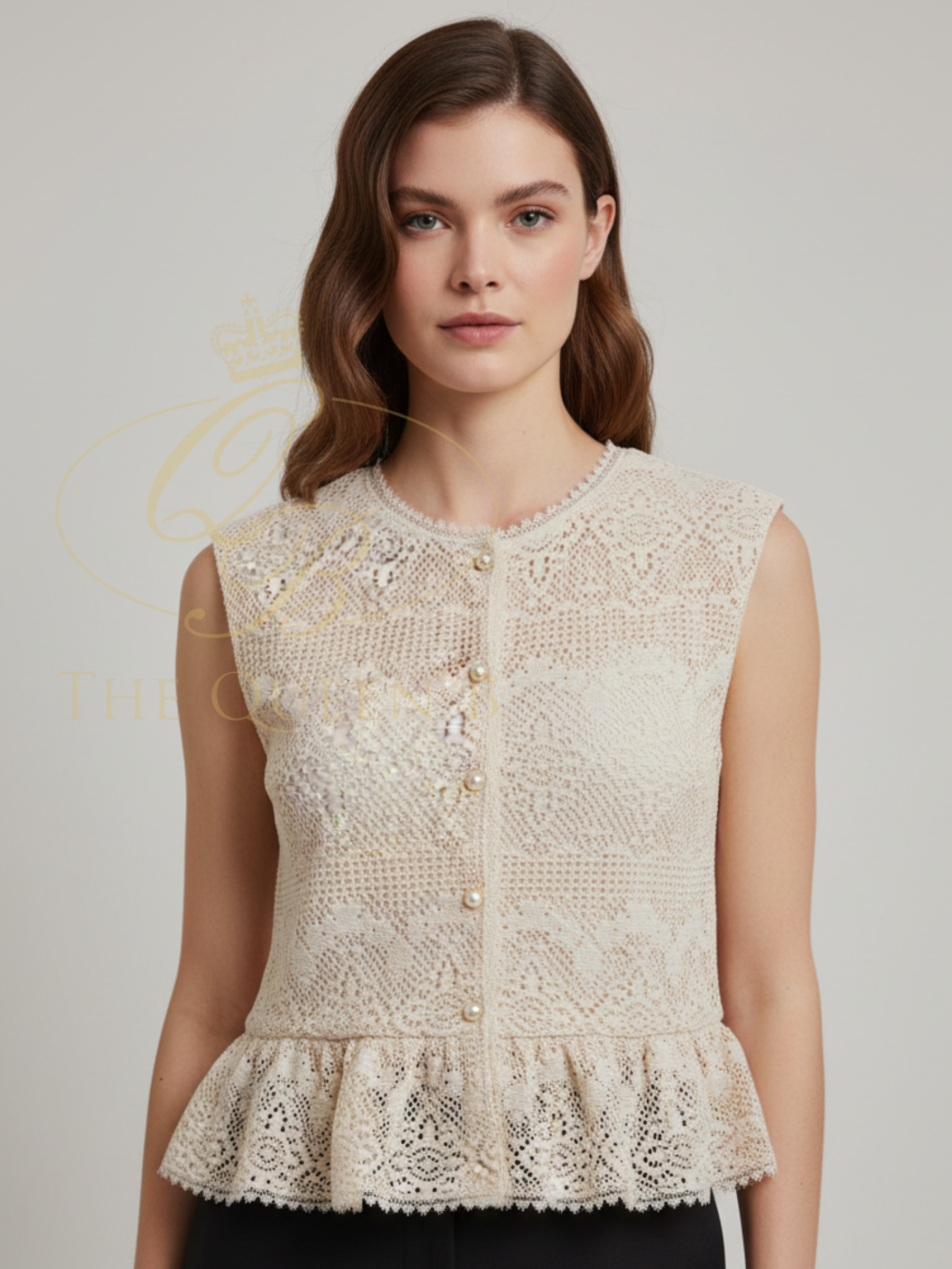 Malissa J WF2697 Crochet Effect Lined Waistcoat Style Top with front buttons, peplum hem and intricate crochet overlay.