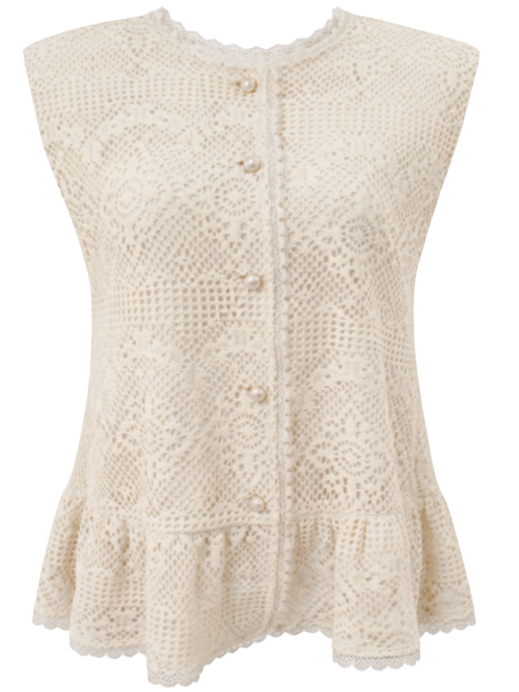 Malissa J WF2697 Crochet Effect Lined Waistcoat Style Top with front buttons, peplum hem and intricate crochet overlay.