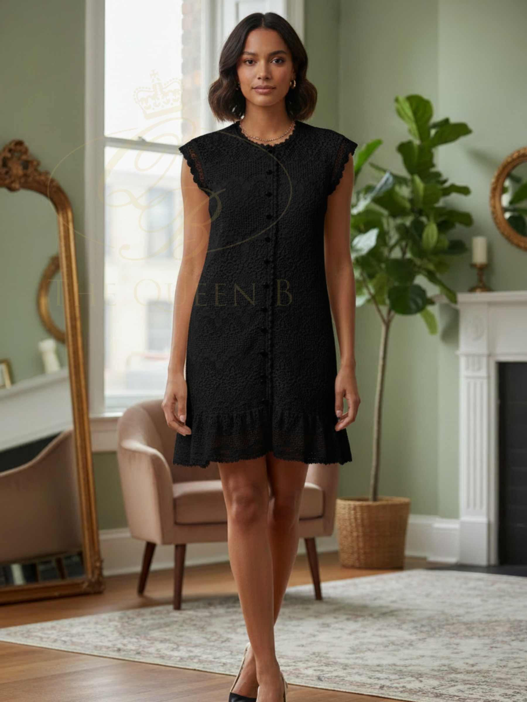 Malissa J WF2698 Crochet Effect Lined Frill Dress with button-through front and scalloped frill hem.