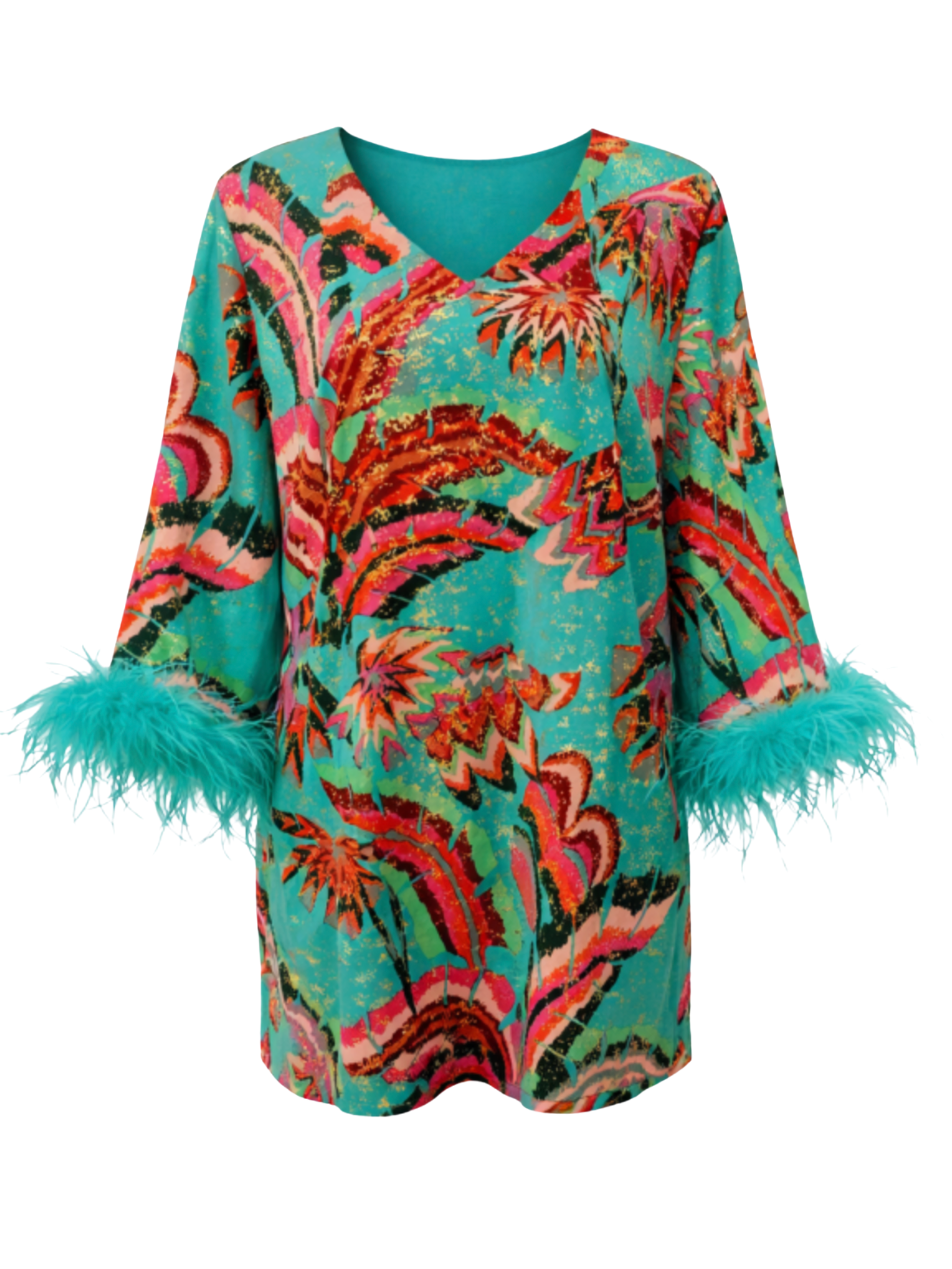 Malissa J WF2702 Bell Sleeve Dress with V-neckline and dramatic bell sleeves finished with feather trim cuffs.