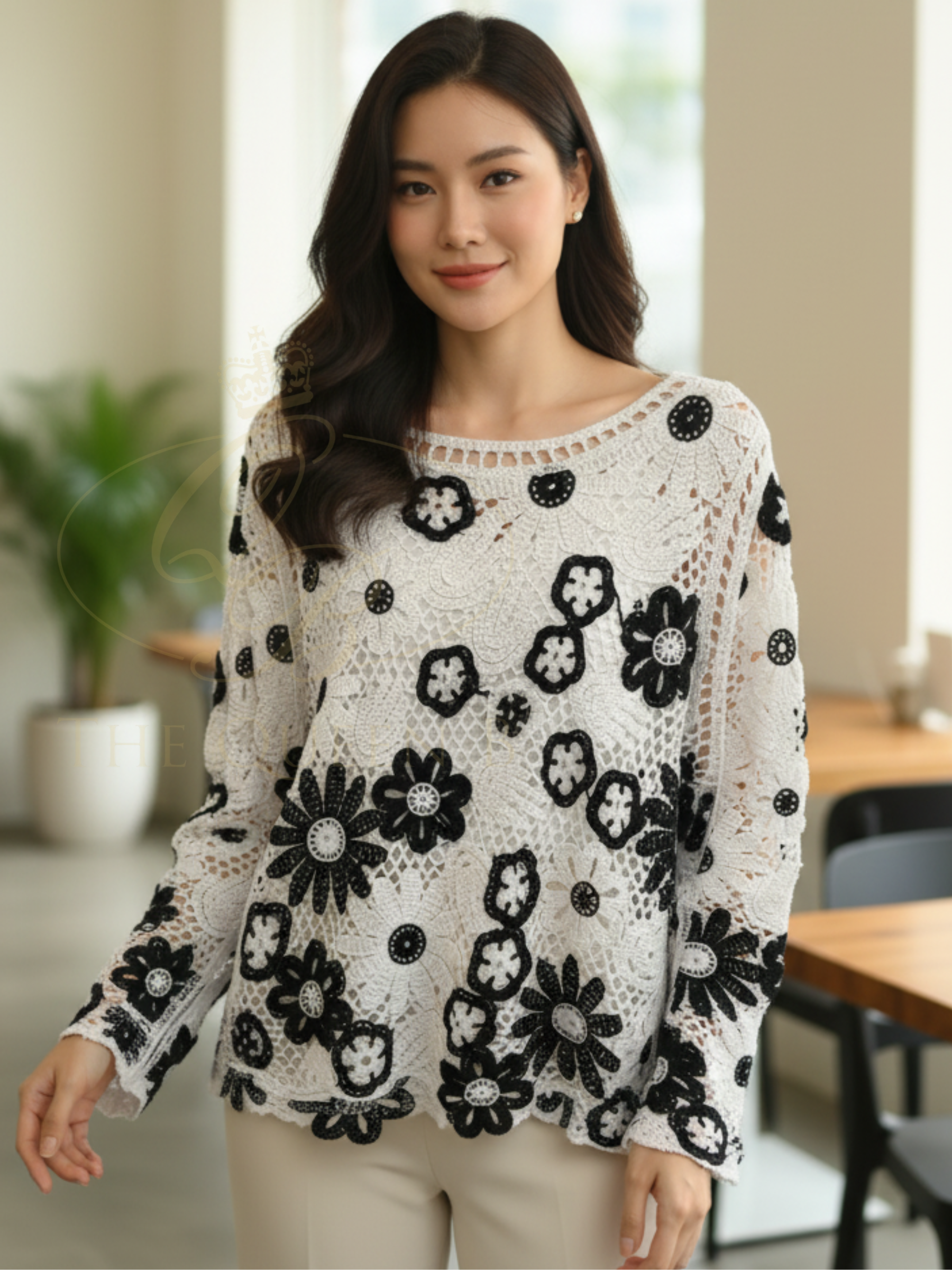Malissa J WF2718 Crochet Effect Flower Jumper with relaxed silhouette, round neckline and floral crochet design.