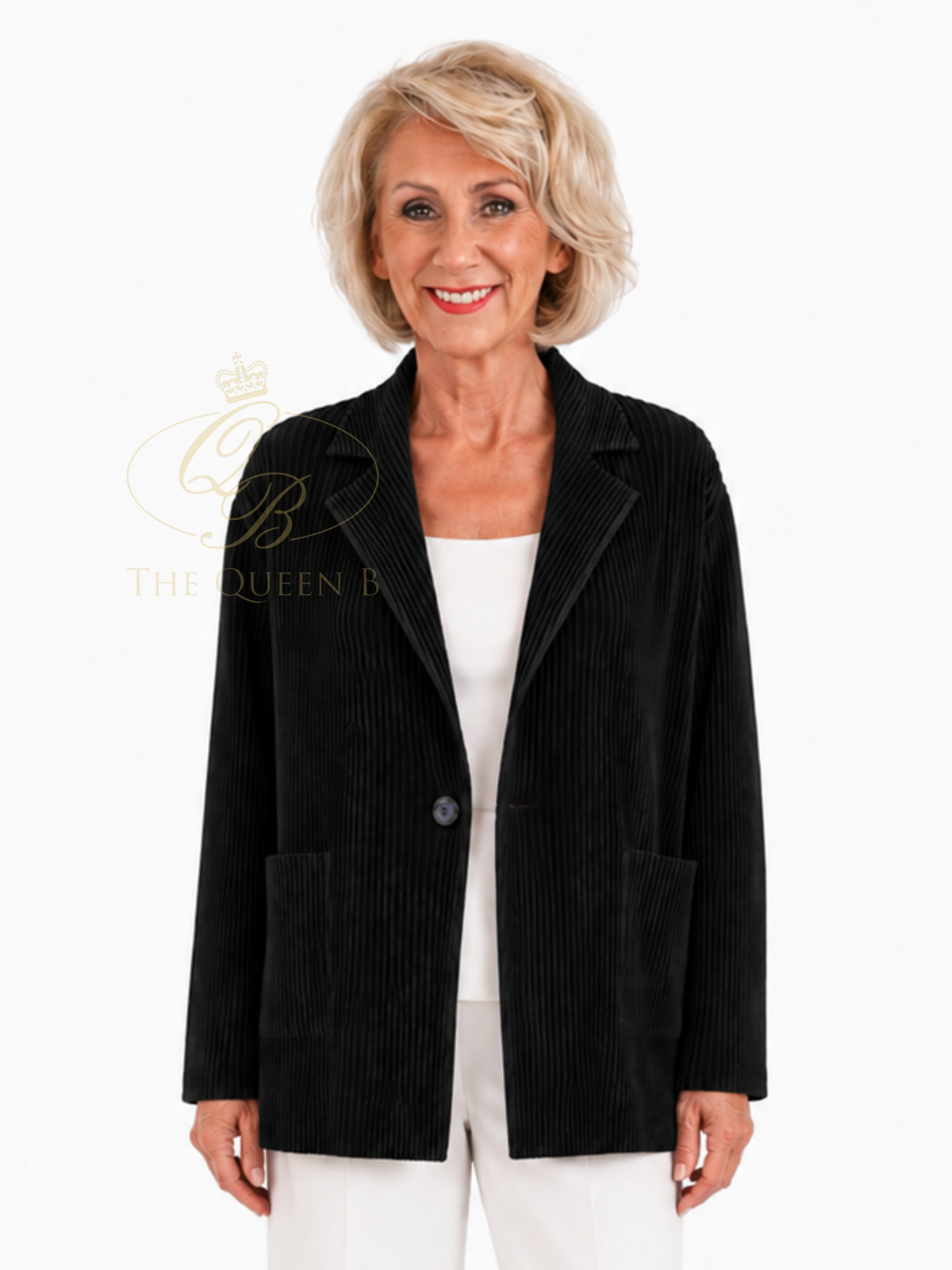 Malissa J WF2726 Ribbed Pleated Blazer with ribbed pleated texture, lapel collar, single-button fastening and patch pockets.