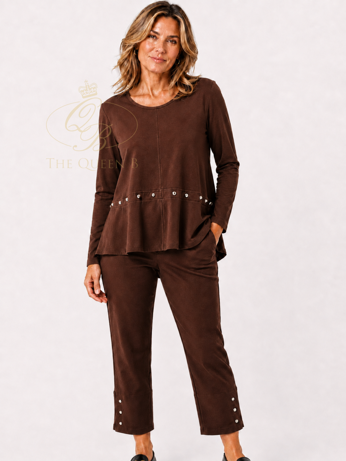Malissa J WF2733 Studded Detailed Jersey Top with round neckline, long sleeves, studded waist detail and softly flared hem.