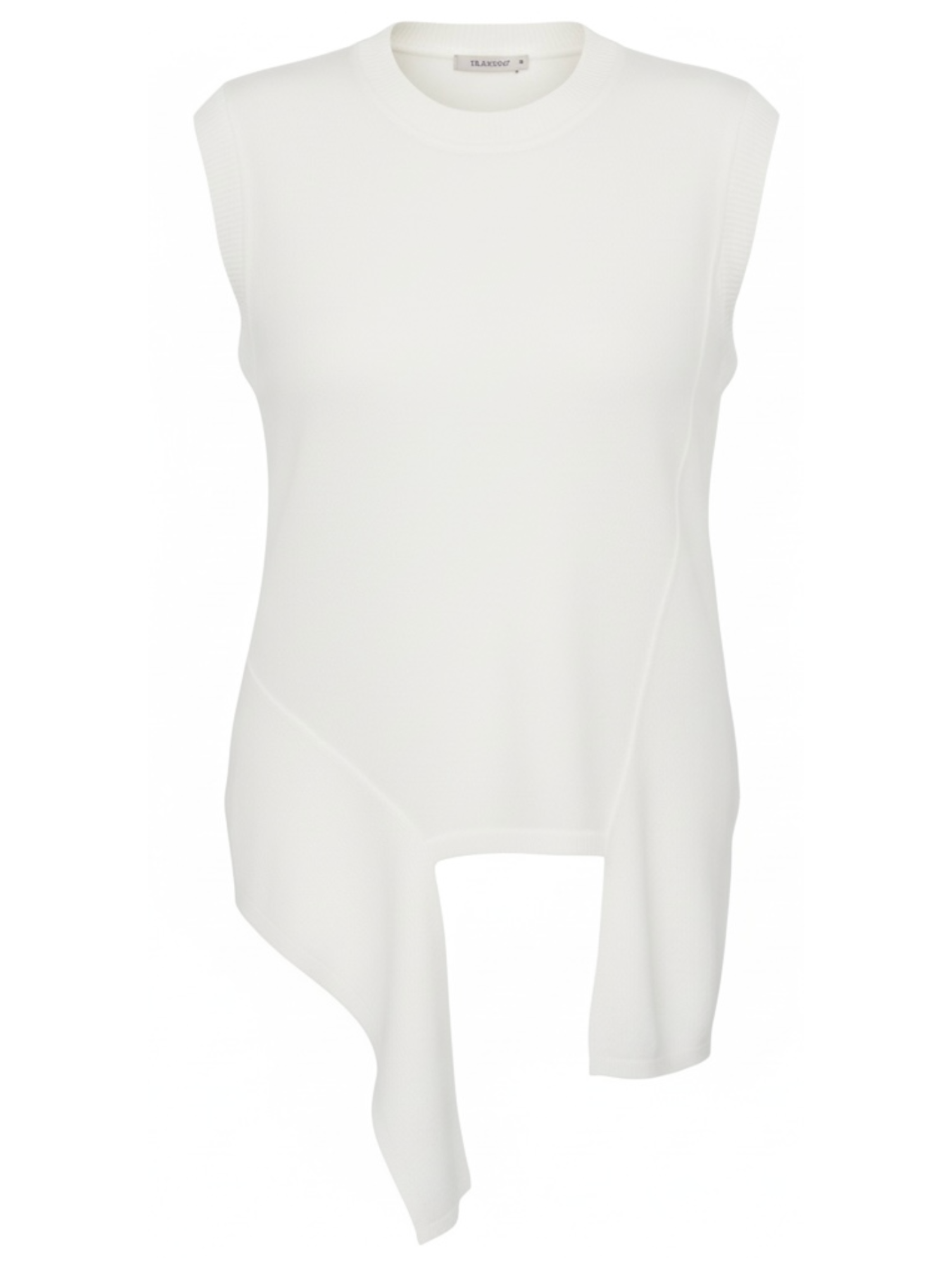 Malissa J WF2748 Knitted Mixed Level Tank Top with round neckline, sleeveless design and asymmetric hem detail.