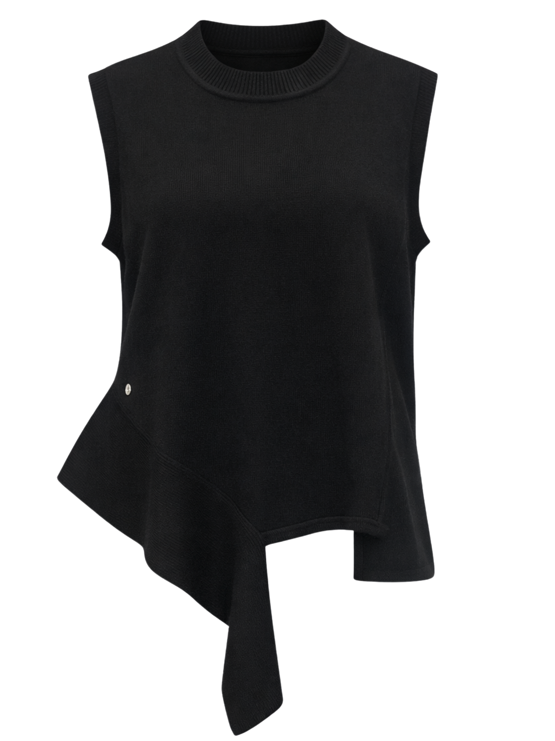 Malissa J WF2748 Knitted Mixed Level Tank Top with round neckline, sleeveless design and asymmetric hem detail.