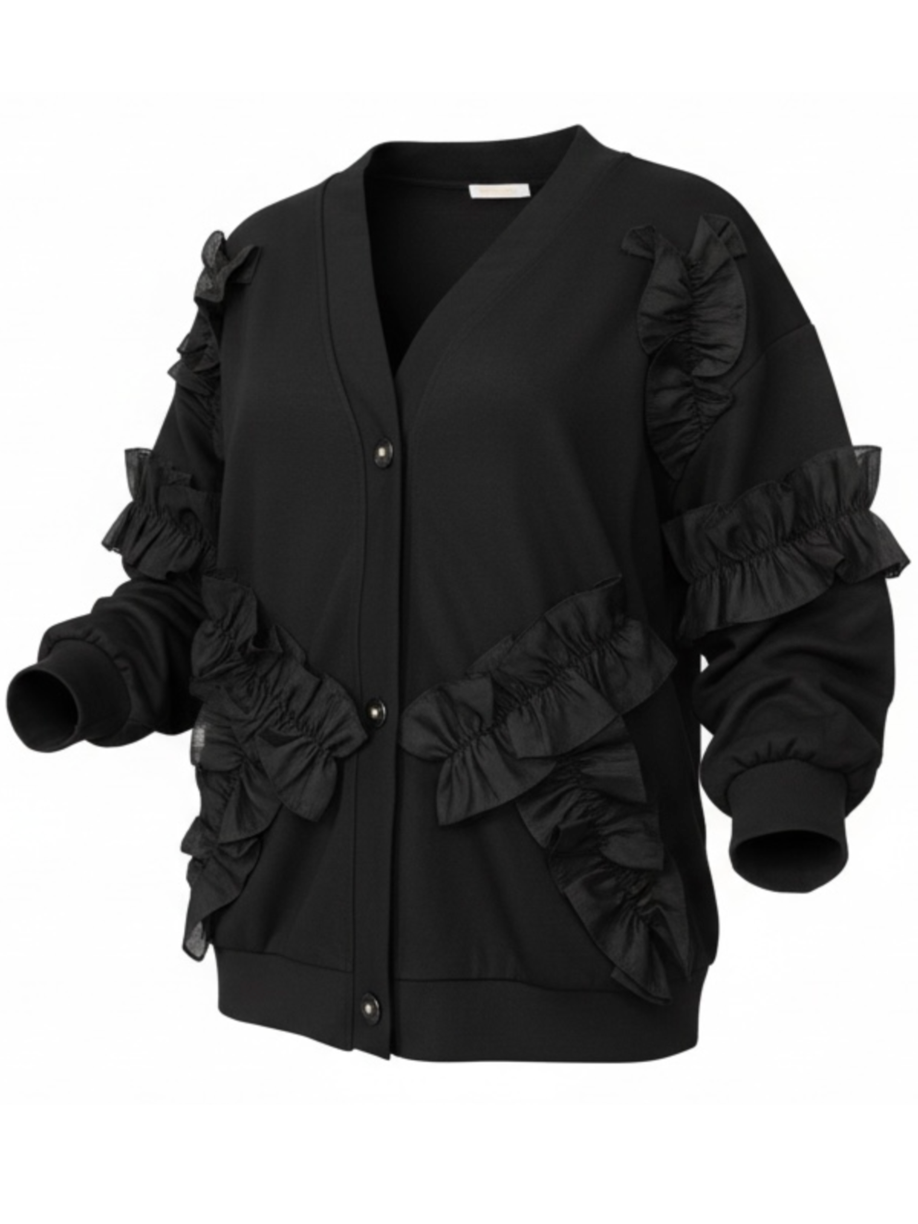 Malissa J WF2751 Woven Ruffle Sheer Jersey Cardigan with V-neckline, button fastening and layered sheer ruffle sleeves.