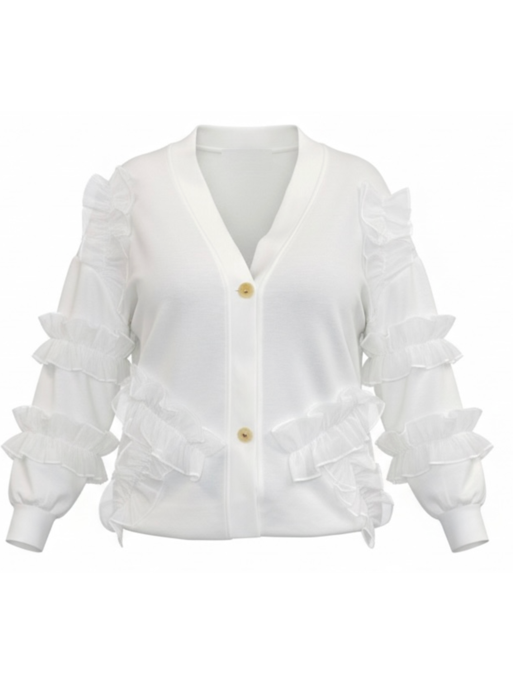 Malissa J WF2751 Woven Ruffle Sheer Jersey Cardigan with V-neckline, button fastening and layered sheer ruffle sleeves.
