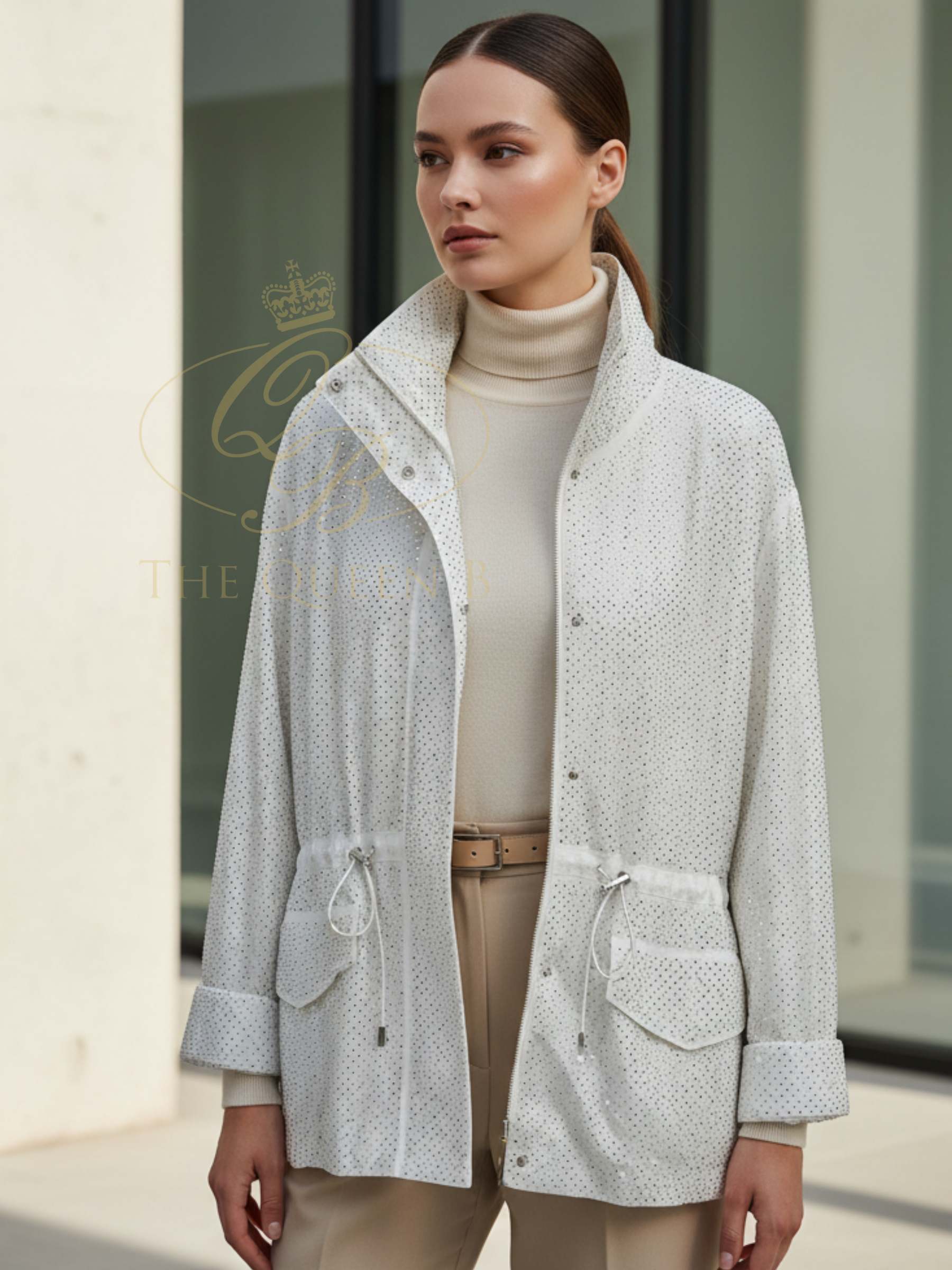 Malissa J WF2754 Studded Oversized Jacket with high stand collar, concealed front fastening and front flap pockets in an oversized silhouette.