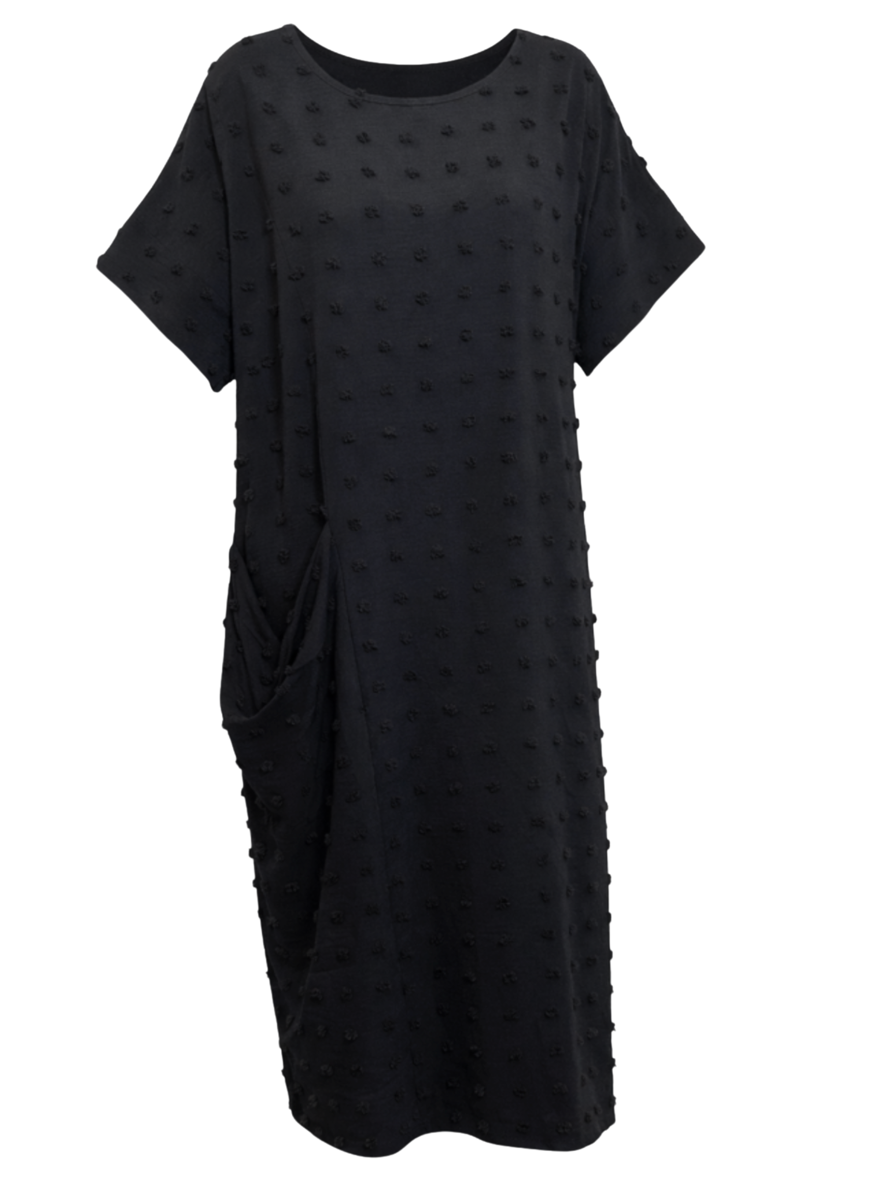 Malissa J WF2758 Woven Bobble Dress with round neckline, short sleeves, textured bobble fabric and relaxed midi silhouette.