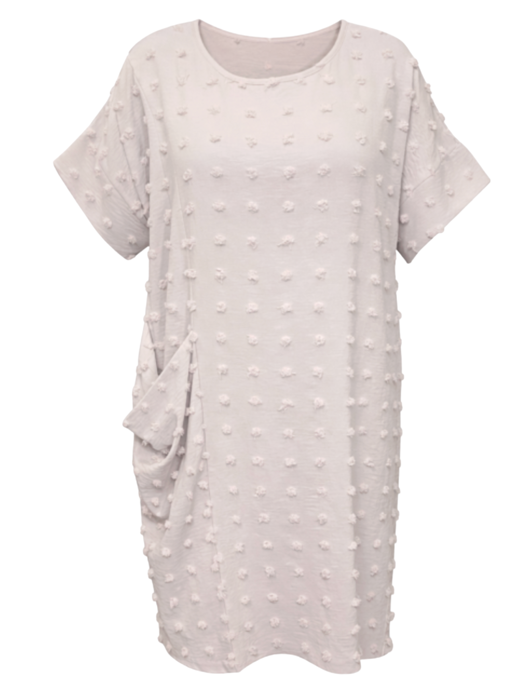 Malissa J WF2758 Woven Bobble Dress with round neckline, short sleeves, textured bobble fabric and relaxed midi silhouette.