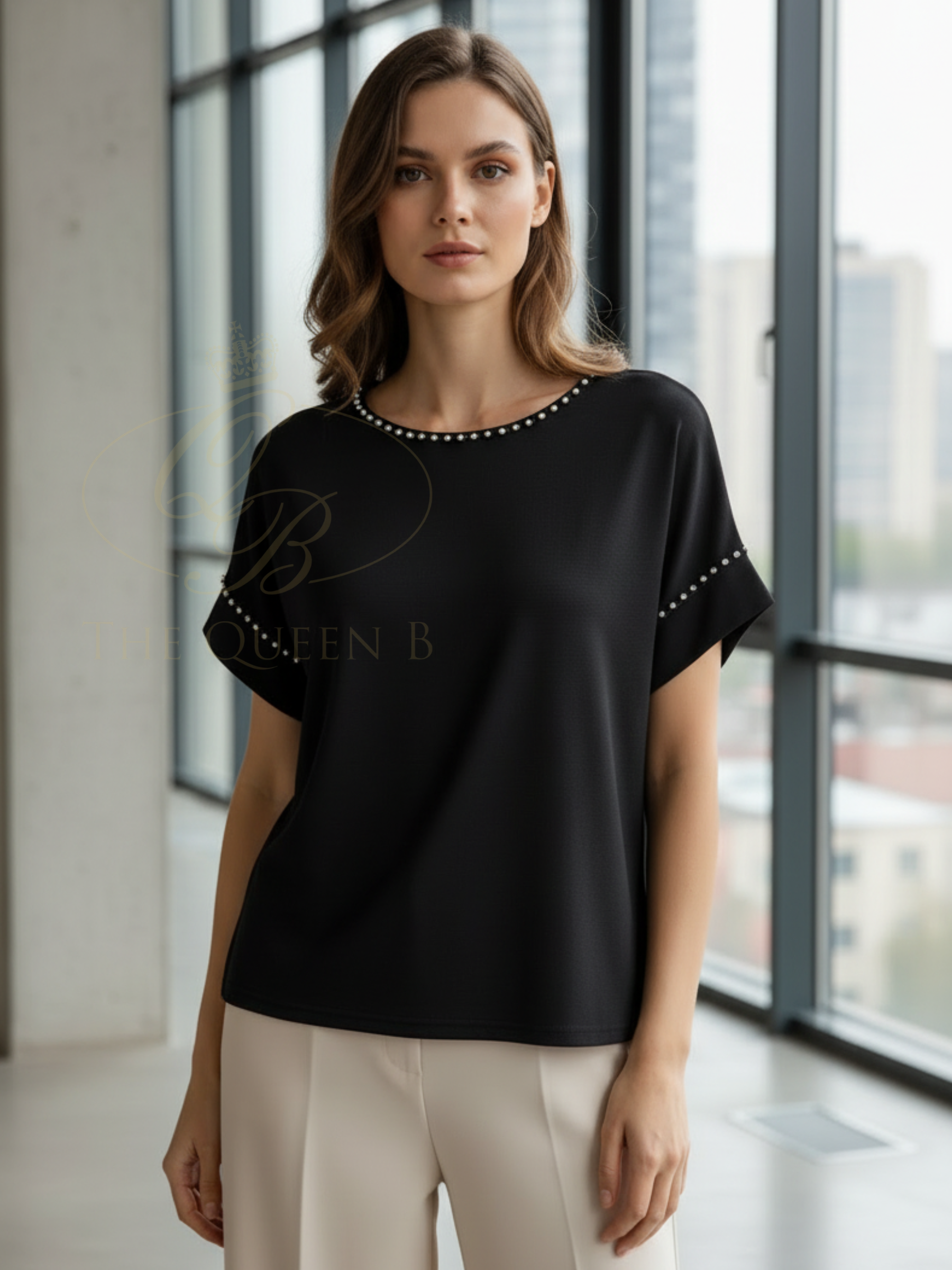 Malissa J WF2763 Crystal Studded Jersey T-Shirt with round neckline and crystal stud detailing along the neckline and sleeves.
