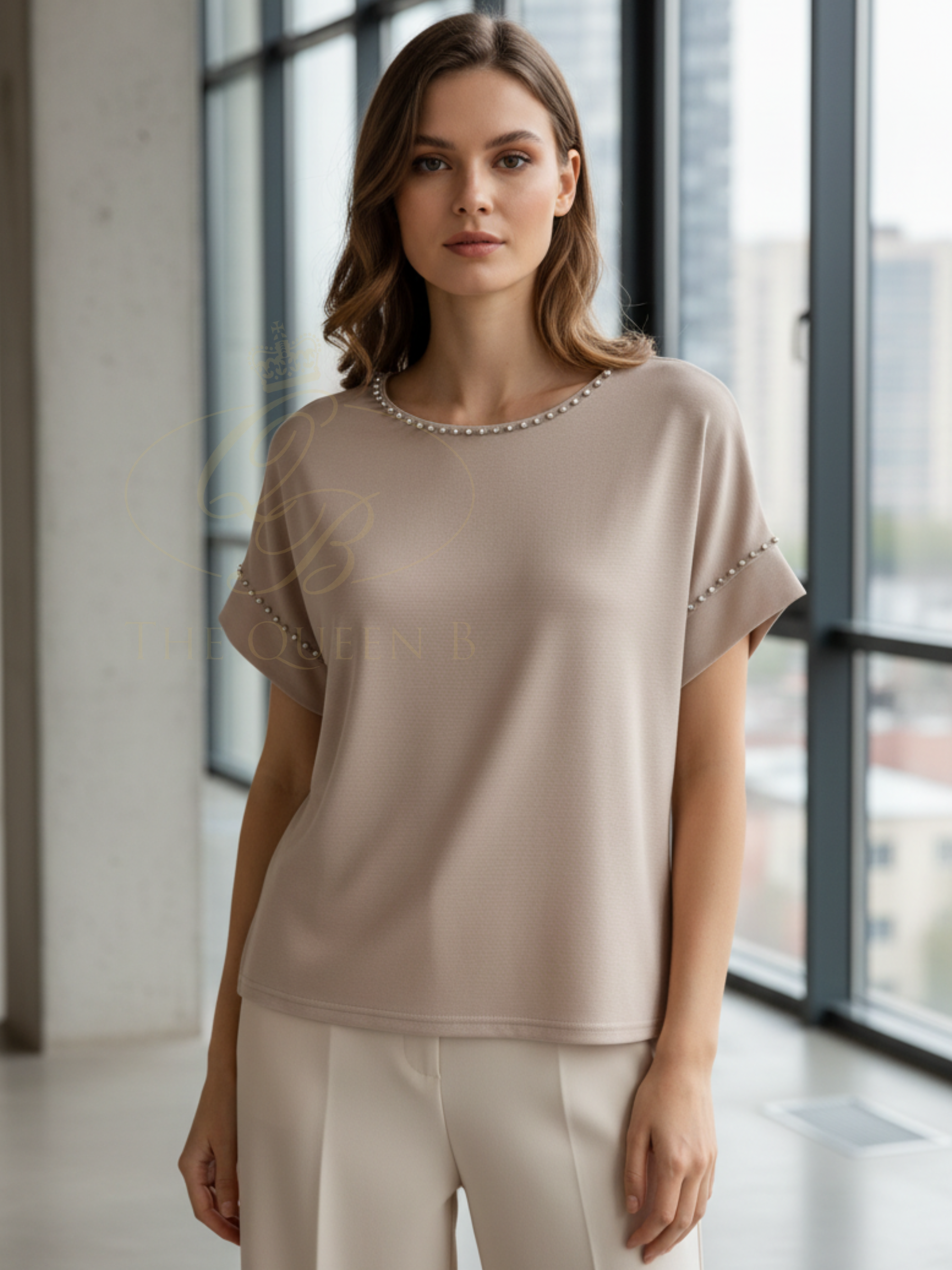 Malissa J WF2763 Crystal Studded Jersey T-Shirt with round neckline and crystal stud detailing along the neckline and sleeves.
