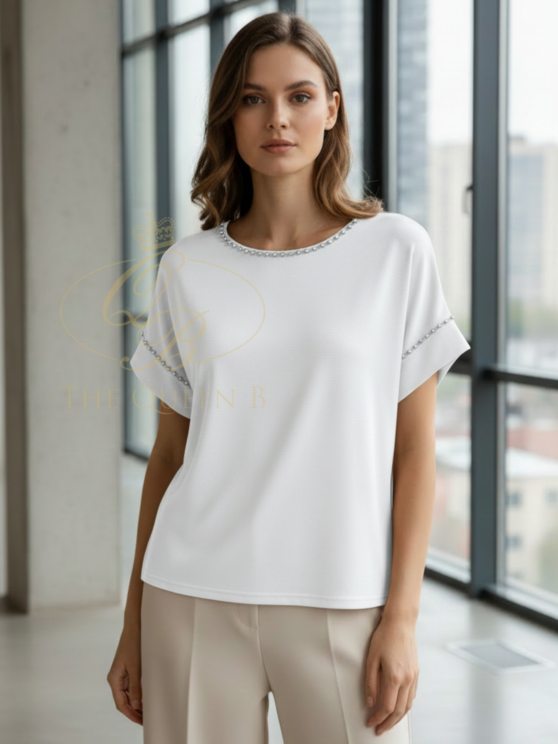 Malissa J WF2763 Crystal Studded Jersey T-Shirt with round neckline and crystal stud detailing along the neckline and sleeves.