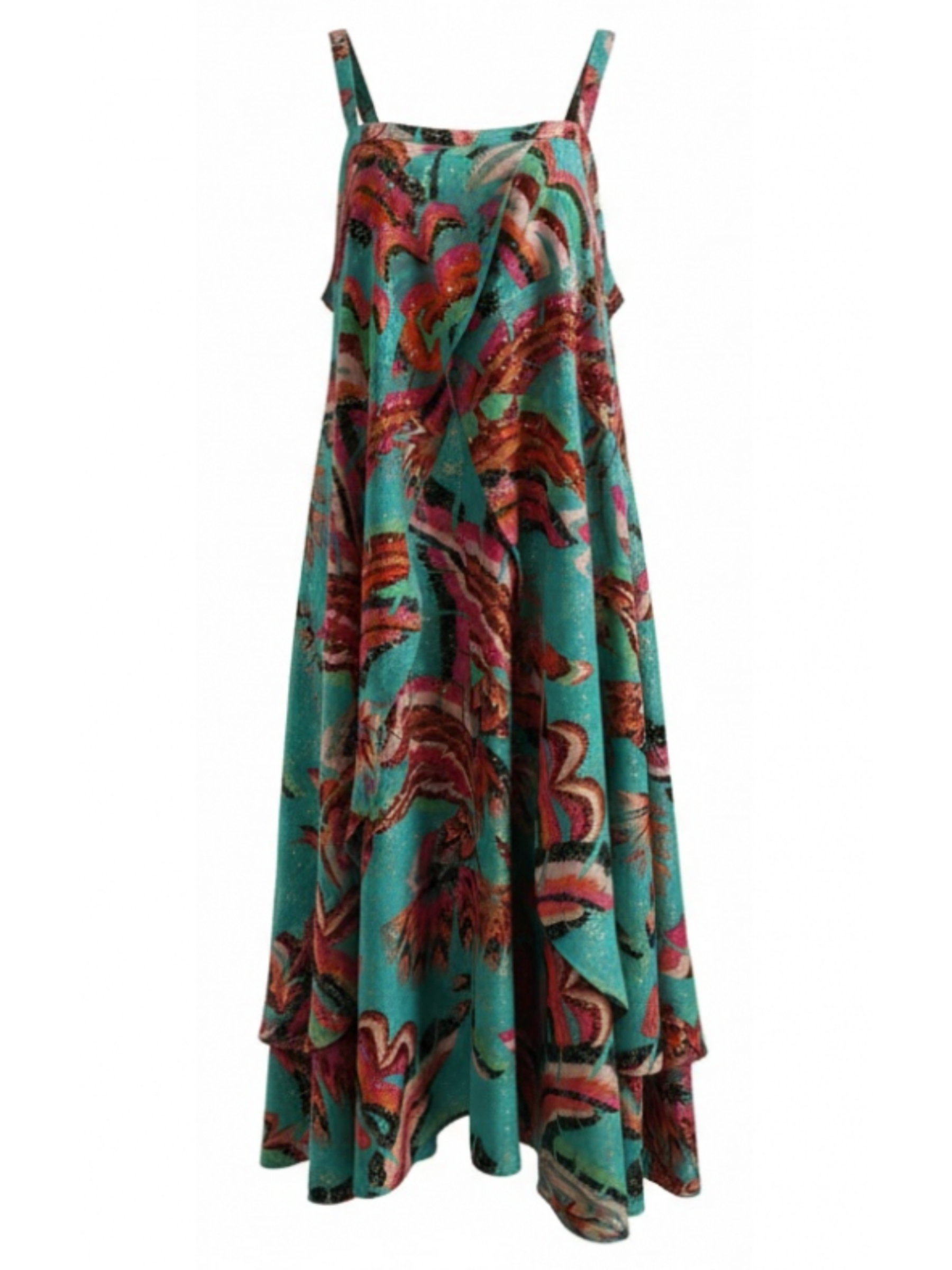 Malissa J WF2767 Strappy Long Layered Printed Dress with slim straps, flowing layered skirt and vibrant all-over print.